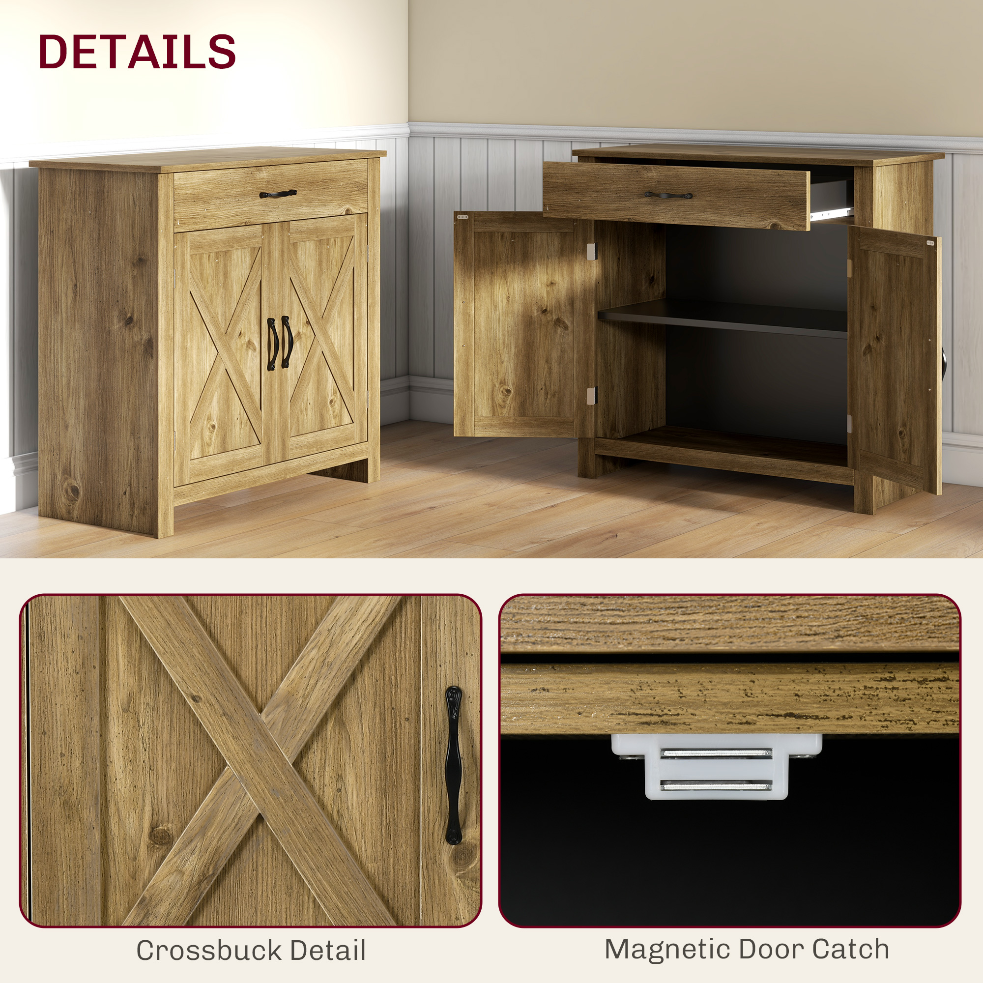 HOMCOM Farmhouse Sideboard, Kitchen Buffet Cabinet with Barn Doors, Drawer, Adjustable Shelf, Natural Wood | Aosom.com 5