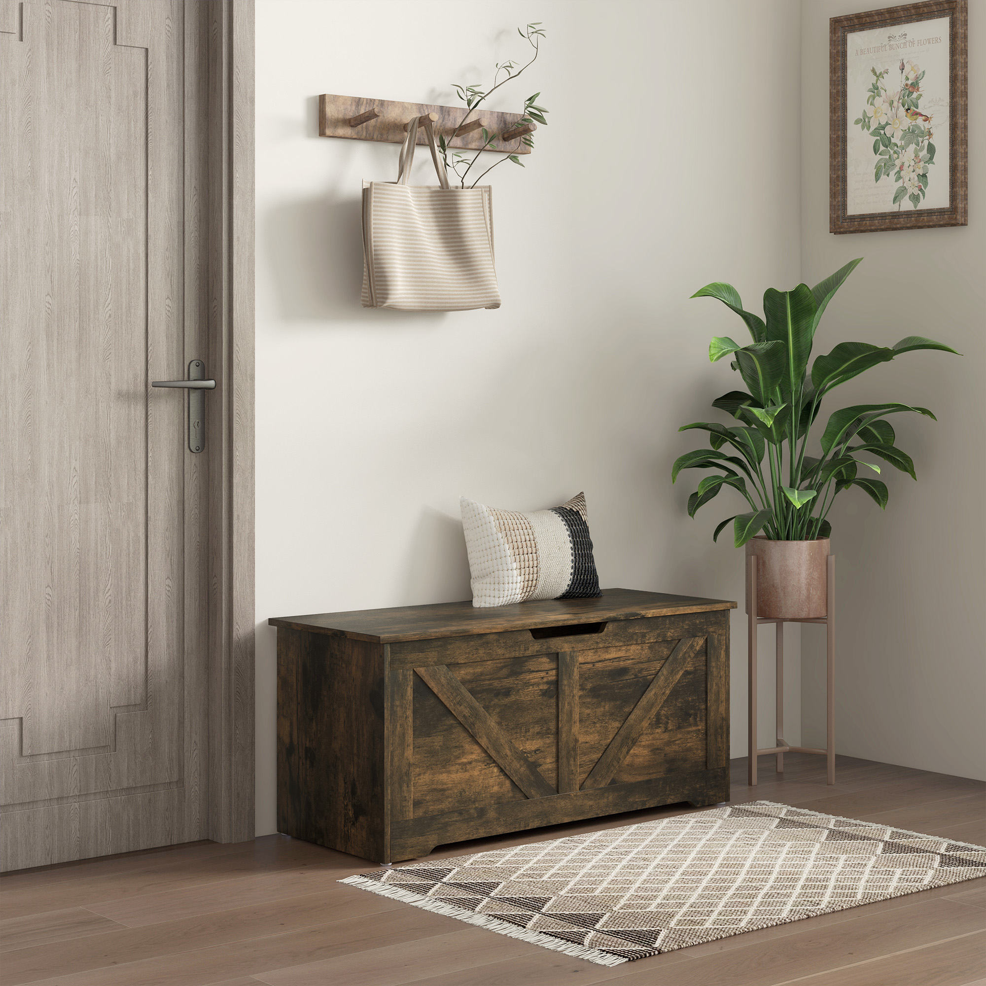 HOMCOM 39.4 Inches Storage Chest, Storage Trunk with 2 Safety Hinges, Wooden Toy Box for Living Room, Brown Wood Grain Aosom Canada