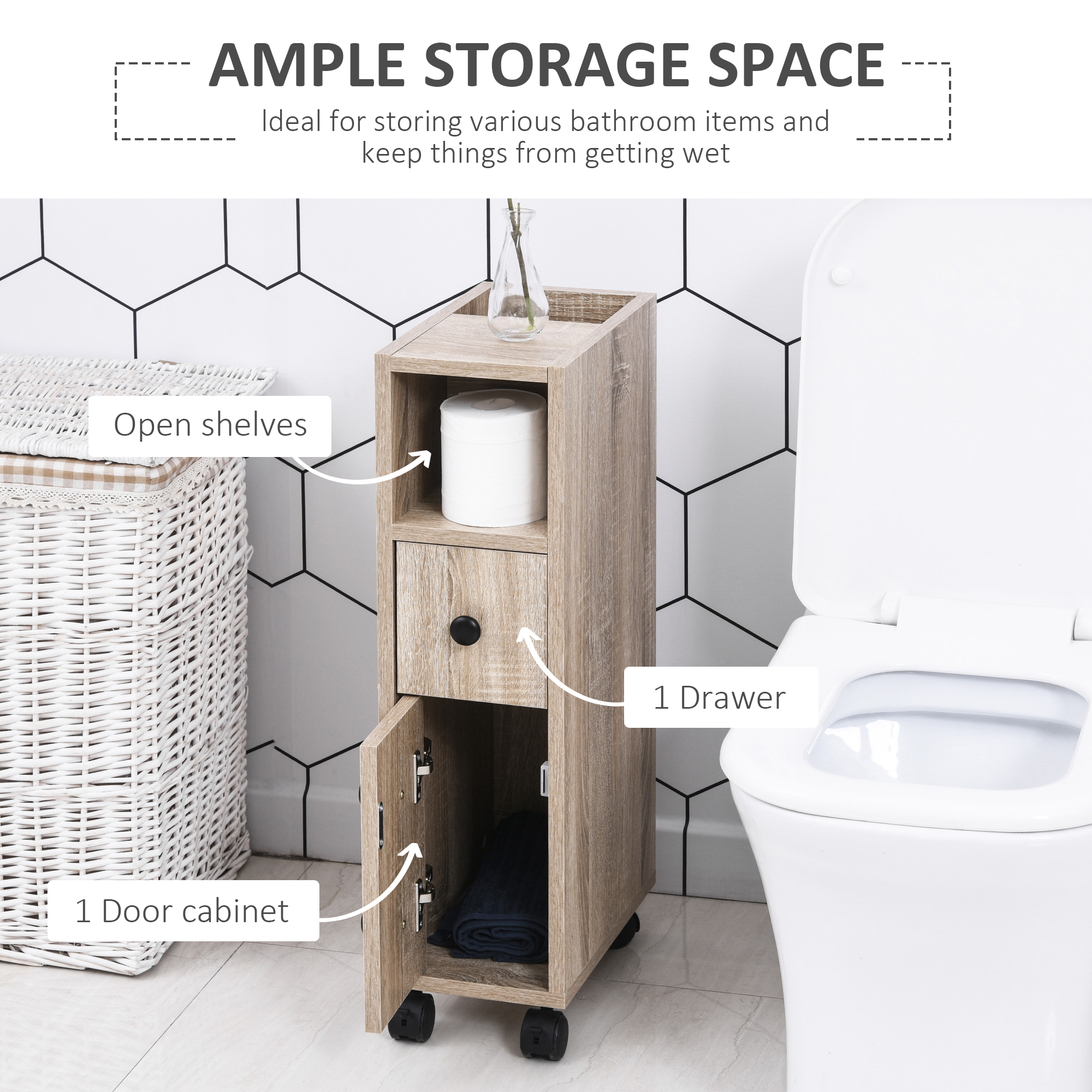 kleankin Freestanding Compact Design Bathroom Cabinet with 2 Open Cabinets  1 Door Cabinet  1 Drawer and 4 Rolling Wheels  Oak Grain Color 2