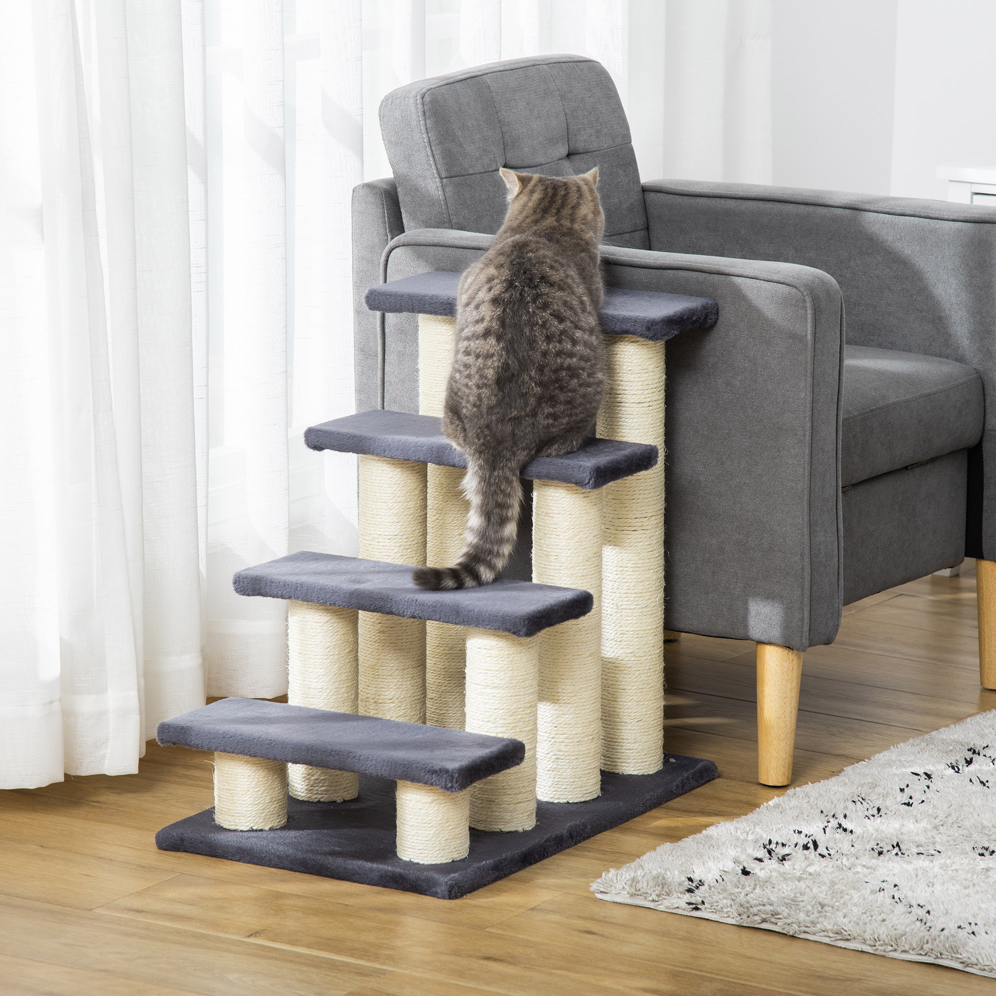 PawHut 4-Step Pet Stairs Wear Resistant Dog/Cat Steps with Kitty Scratching Post and Furniture for Easy Access Grey Aosom Canada