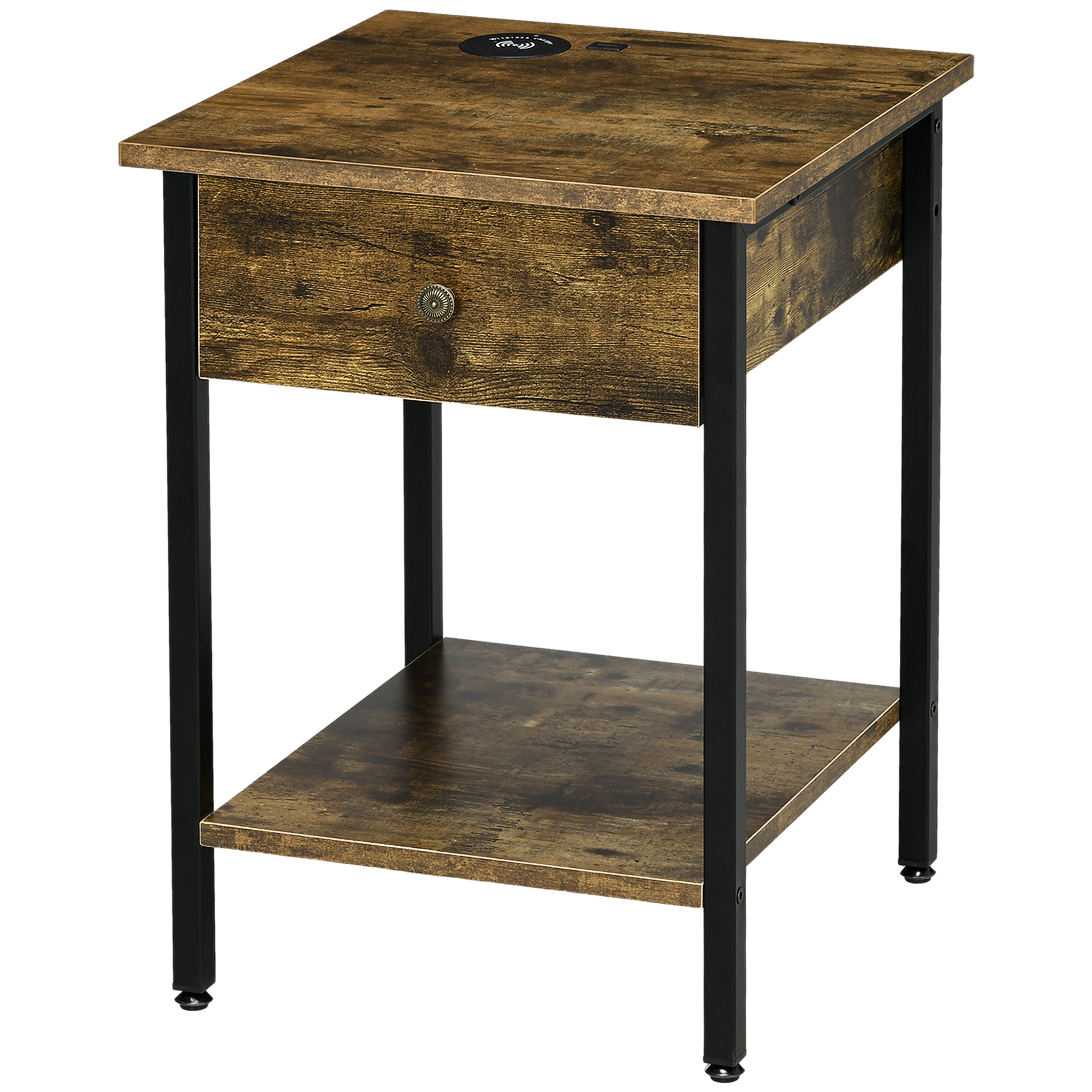 HOMCOM End Table with Wireless Charging Station, 2 USB Ports, Rustic Brown