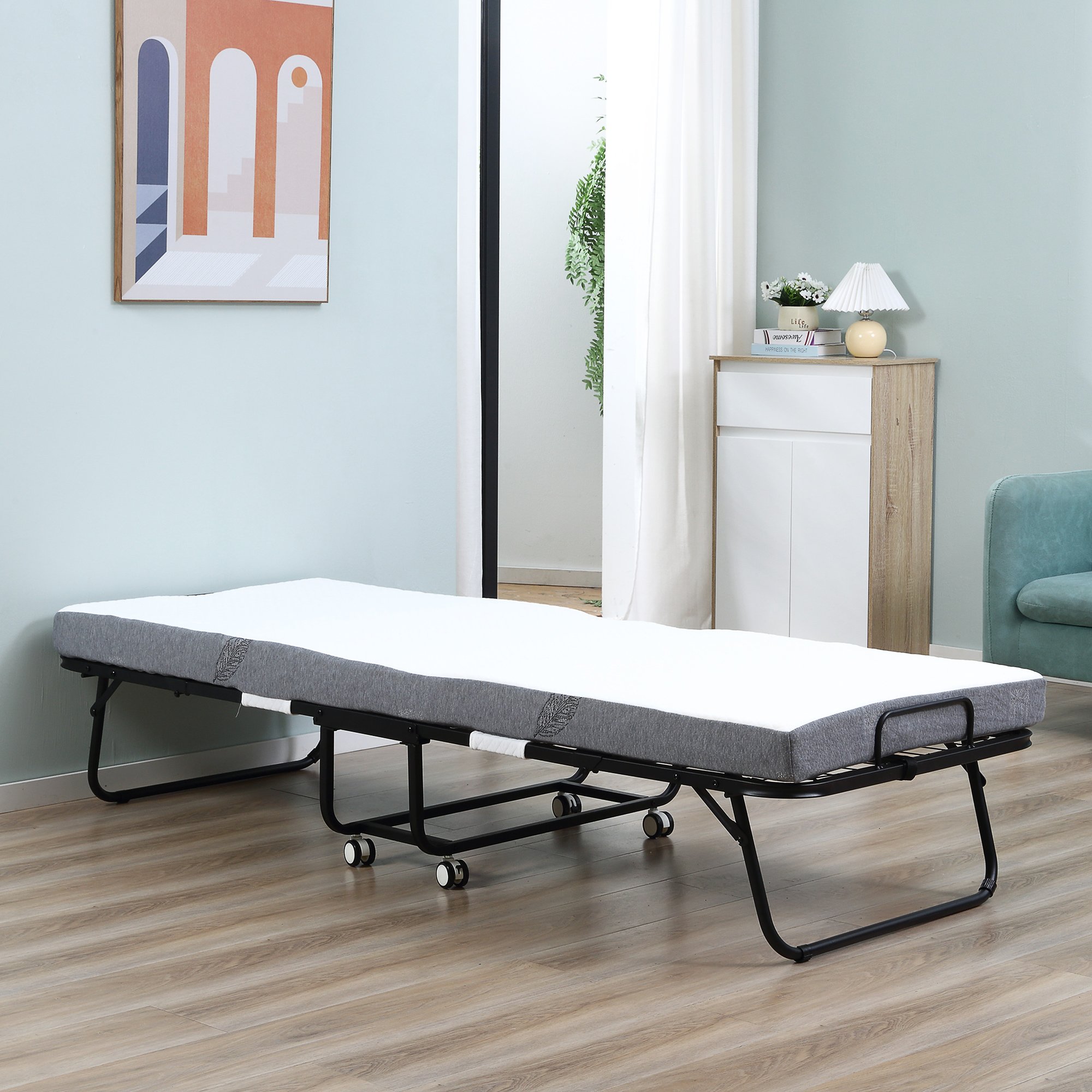 HOMCOM Folding Rollaway Bed with Mattress Portable White Guest Bed with Metal Frame and Wheels | Aosom.com 0