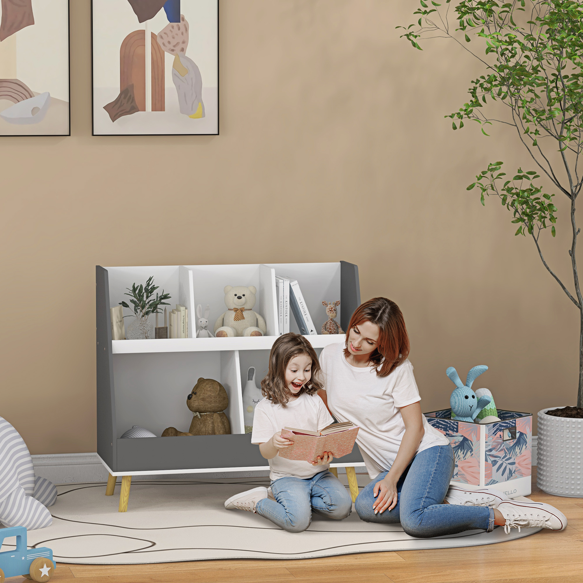 Qaba 2 Tier Gray Kids Bookcase & Toy Shelf, 5 Compartments with Anti-Tip Device for Nursery, Playroom | Aosom.com 0