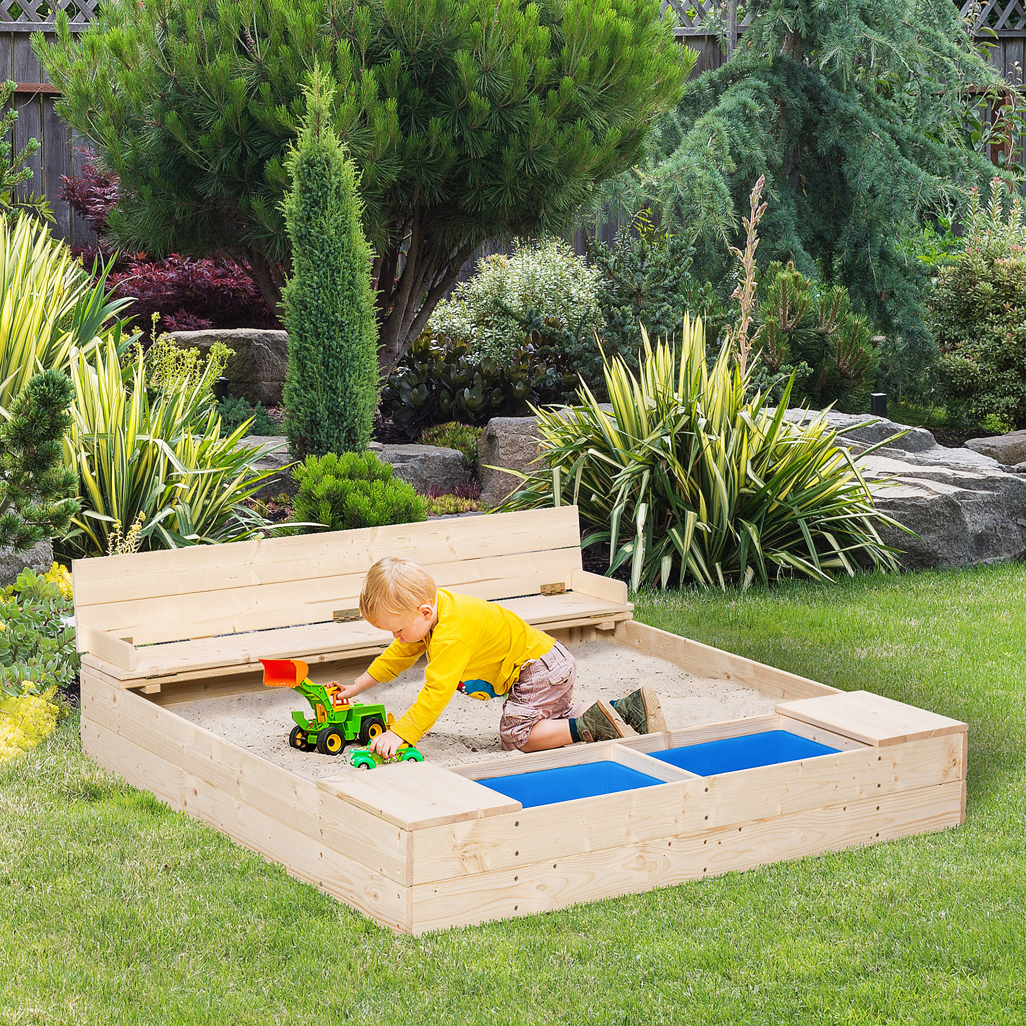 Outsunny Kids Wooden Sandbox w/ 2 Side Buckets Convertible Bench