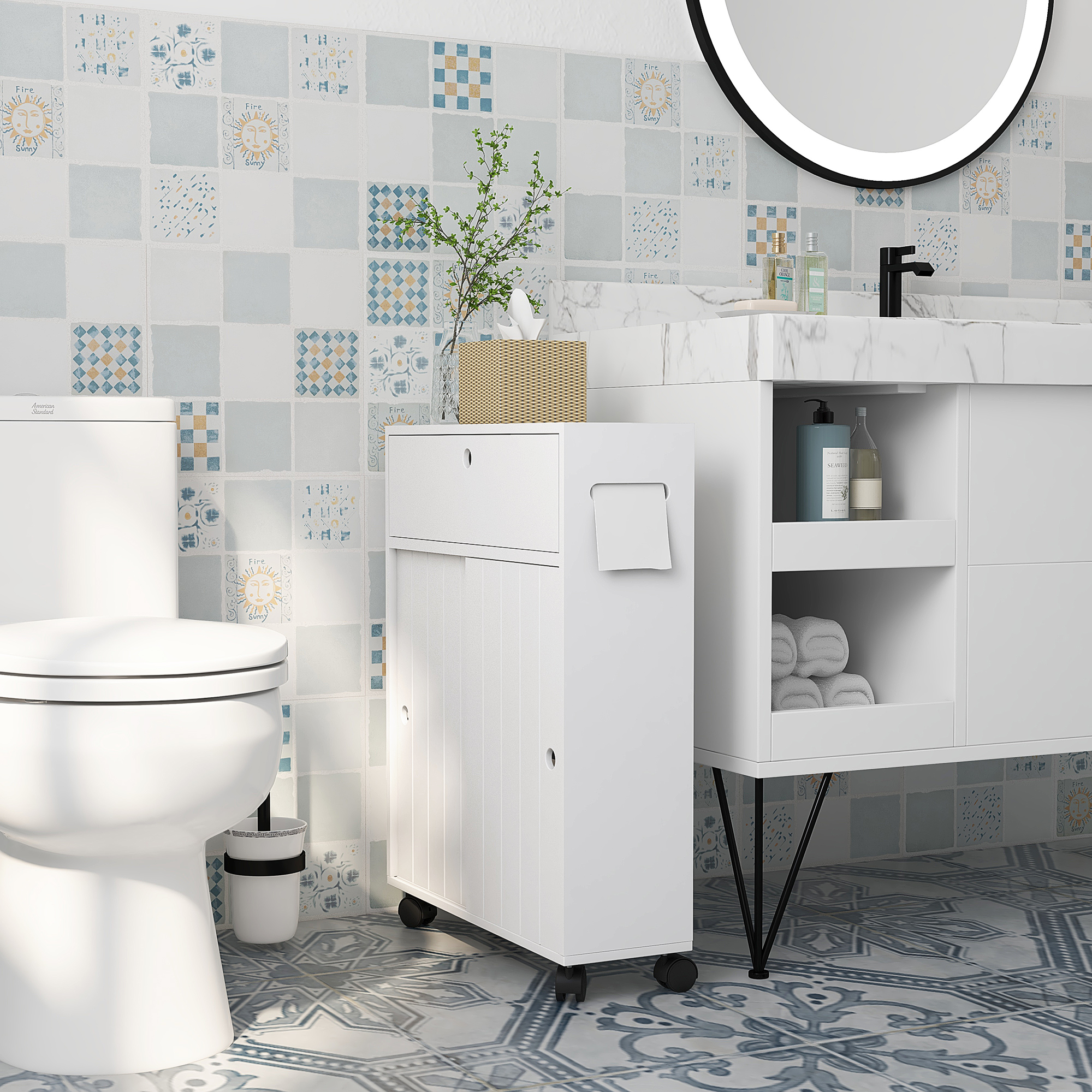 kleankin Toilet Paper Cabinet, Slim Bathroom Cabinet with 4 Rolling Wheels, Small Bathroom Storage Cabinet w/ Sliding Doors & Adjustable Shelf, White 0
