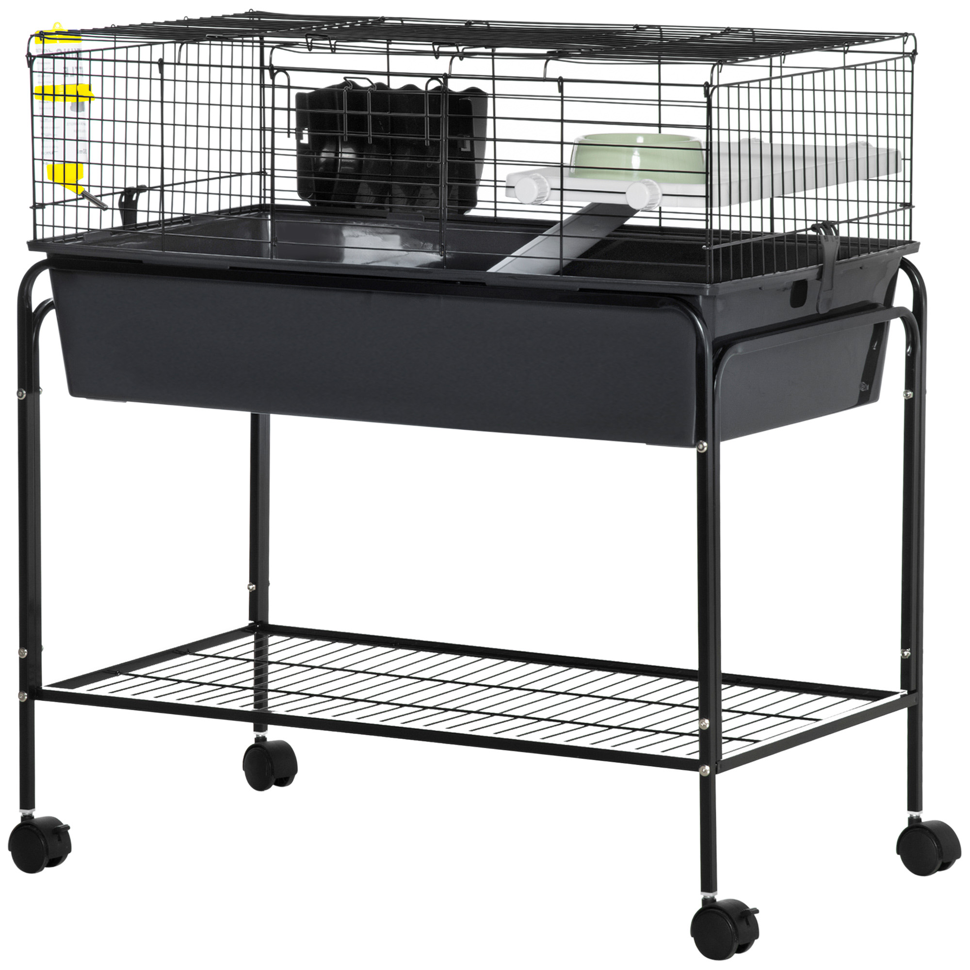 Water Dispenser, 35" Compact Animal Cage Rolling Guinea Pig Cage with Detachable Stand, Food Dish, Ramp, Castors, Dark Grey 1