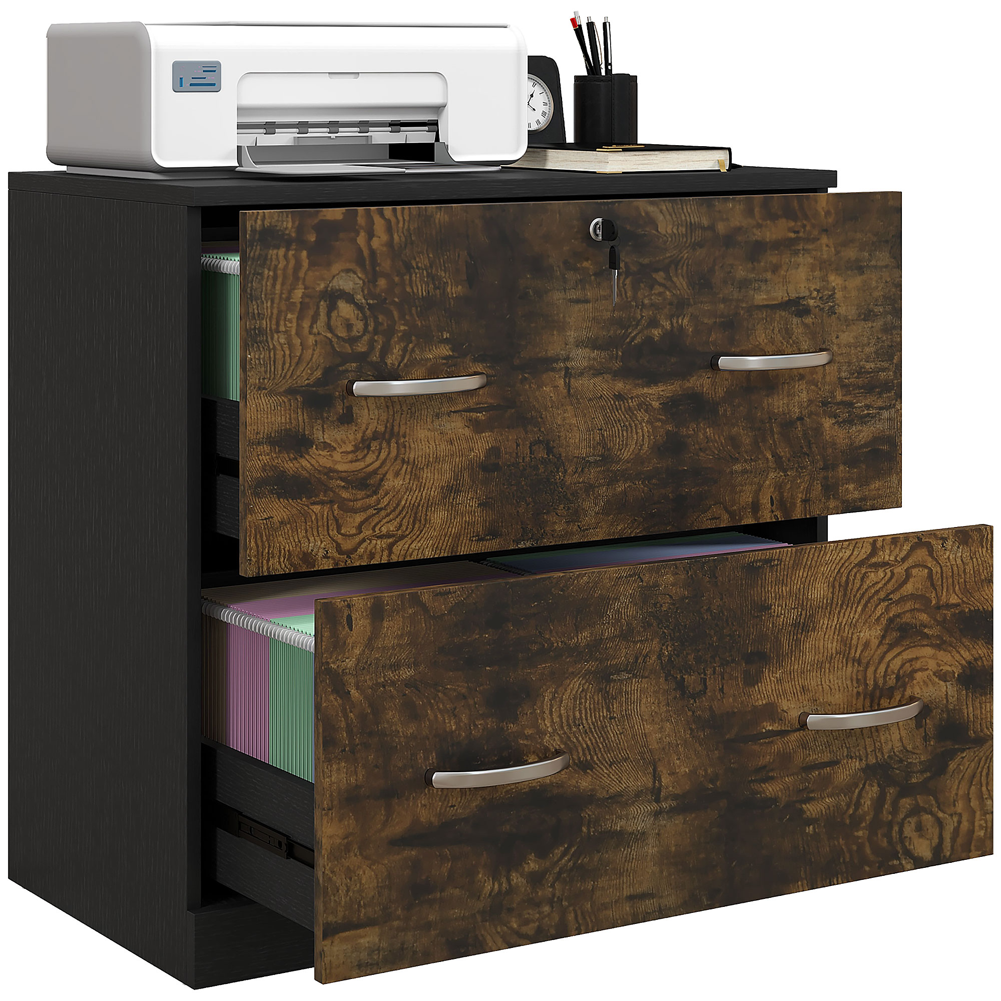 Workspace Document Organizer Unit, 2 Organizer Drawer File Organizer Unit with Locking, Hanging Bar for Letter Size, Home Workspace, Rustic Brown 1