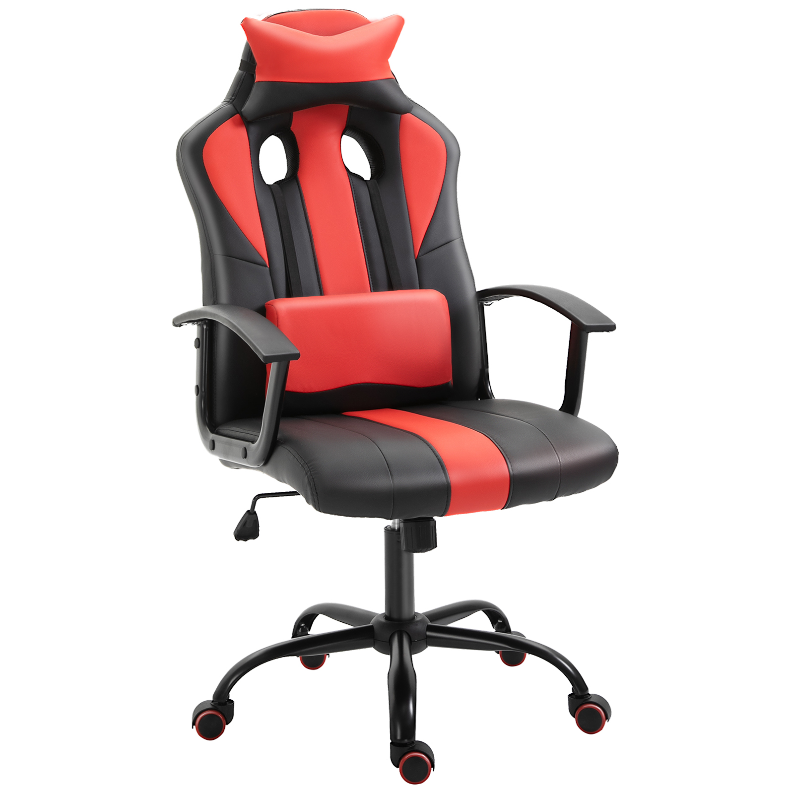Workspace Seating High Back Racing Style Gaming Seating Adjustable-Height PU Leather Rotating PC Task Seat with Lower-Back Support and Pillow Red 1