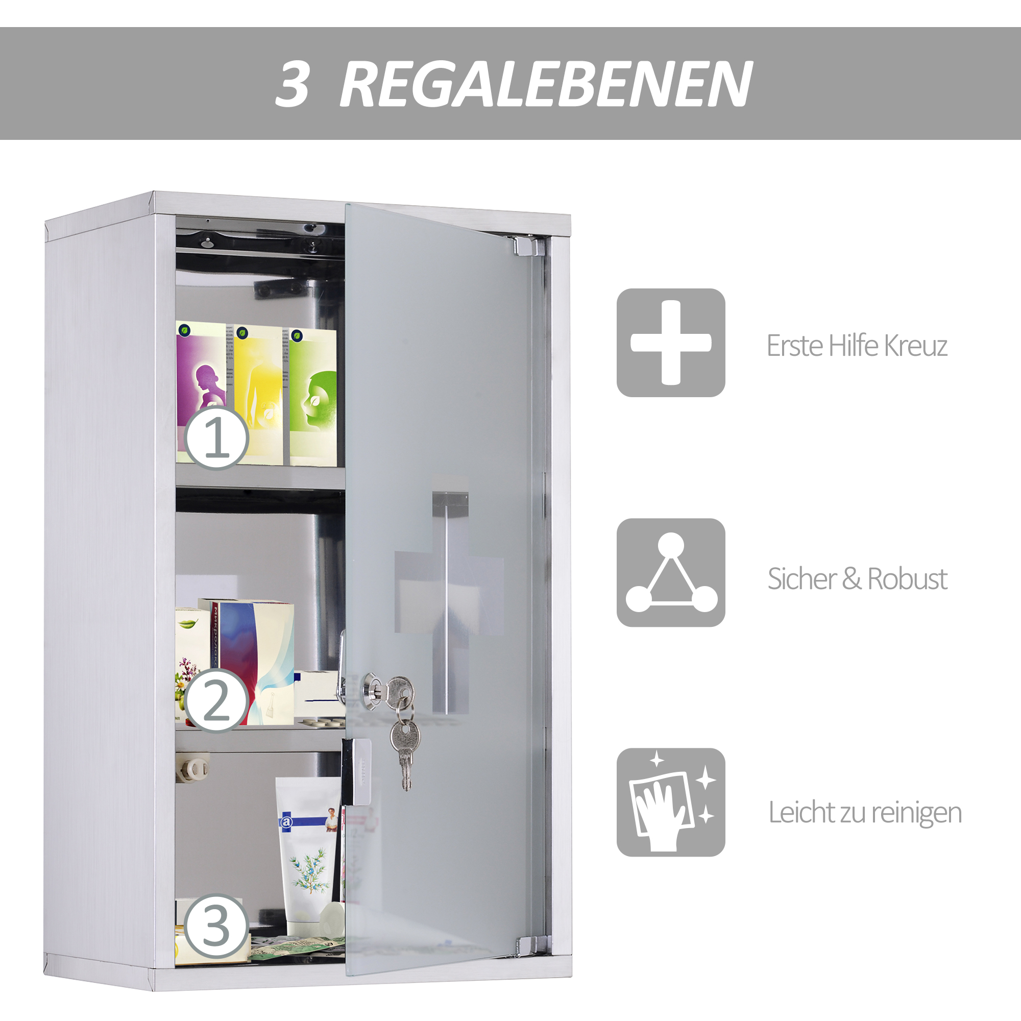 HOMCOM Medicine Cabinet Lockable 12"x20", Stainless Steel, 3 Tier with Shelves for Bathroom Storage | Aosom.com 4