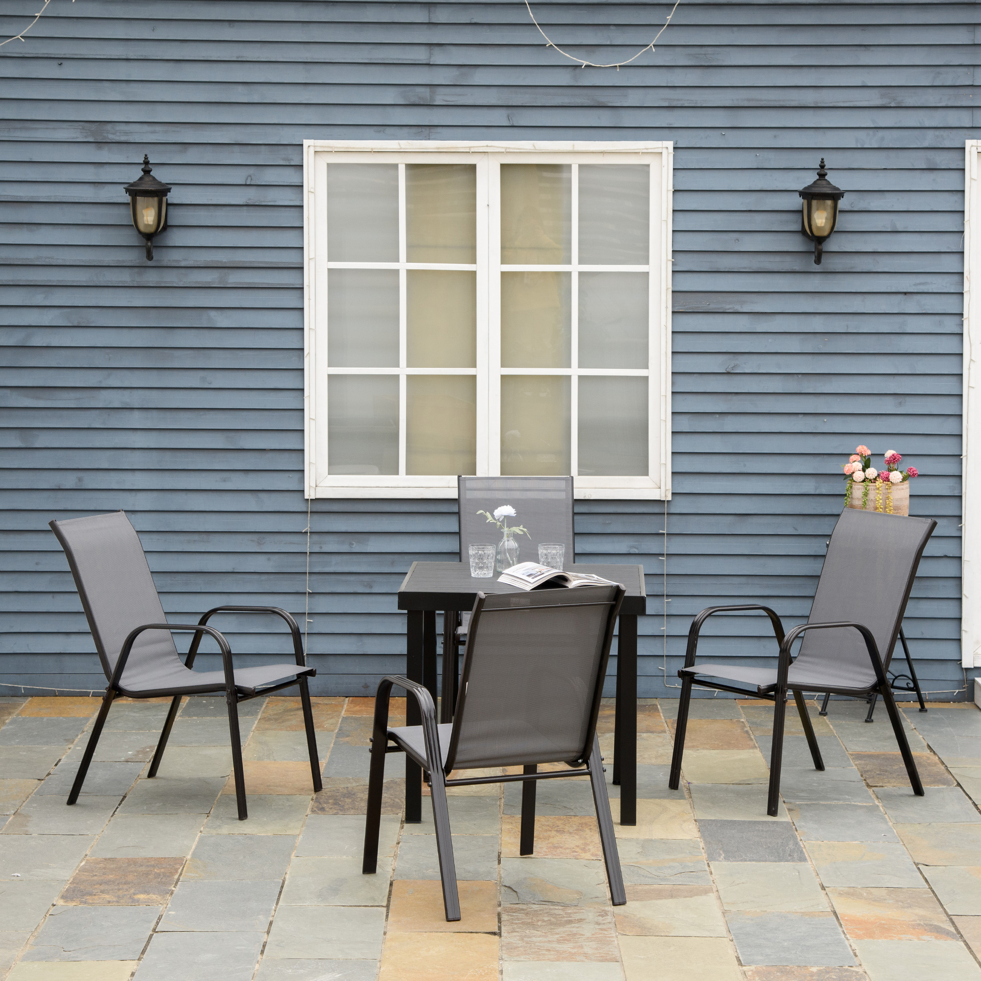 Outsunny Set of 4 Dining Set Outside with Armrests Heavy Duty Stackable Outdoor Table Chairs for Garden Dark Grey Aosom Canada