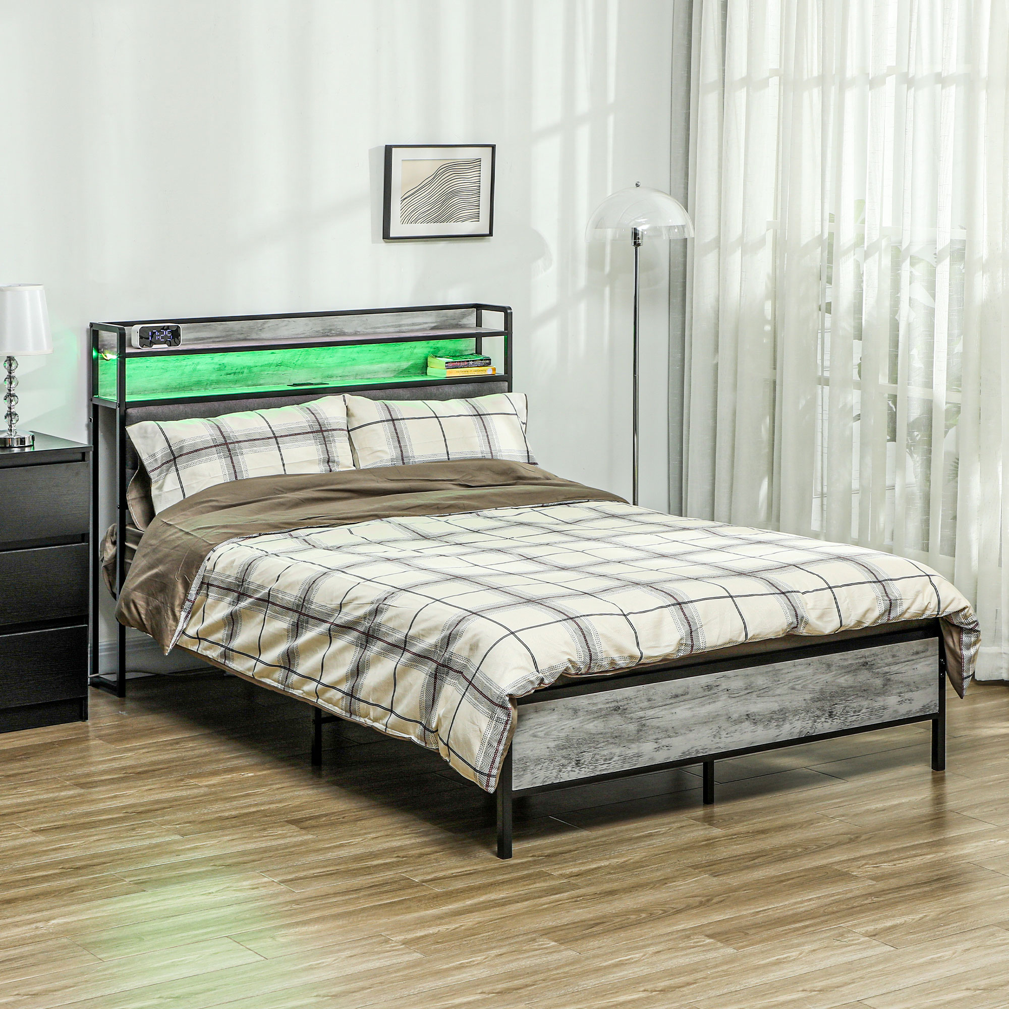HOMCOM Full Bed Frame with Storage Upholstered Headboard, Full Size Bed Frame with LED Lights, Charging Station, Cement Gray | Aosom.com 0