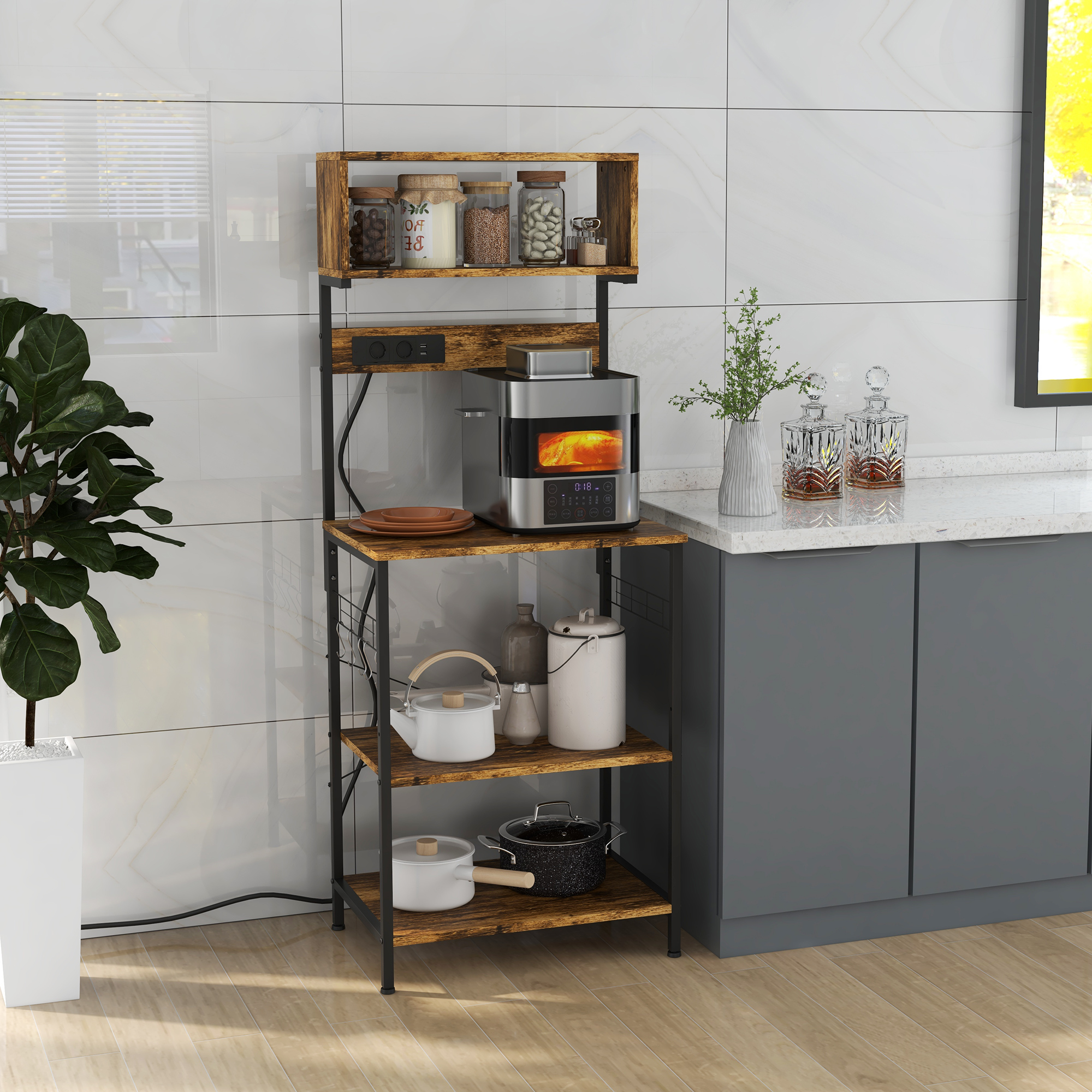 HOMCOM Kitchen Baker's Rack with Power Outlet, USB Charger, Microwave ...