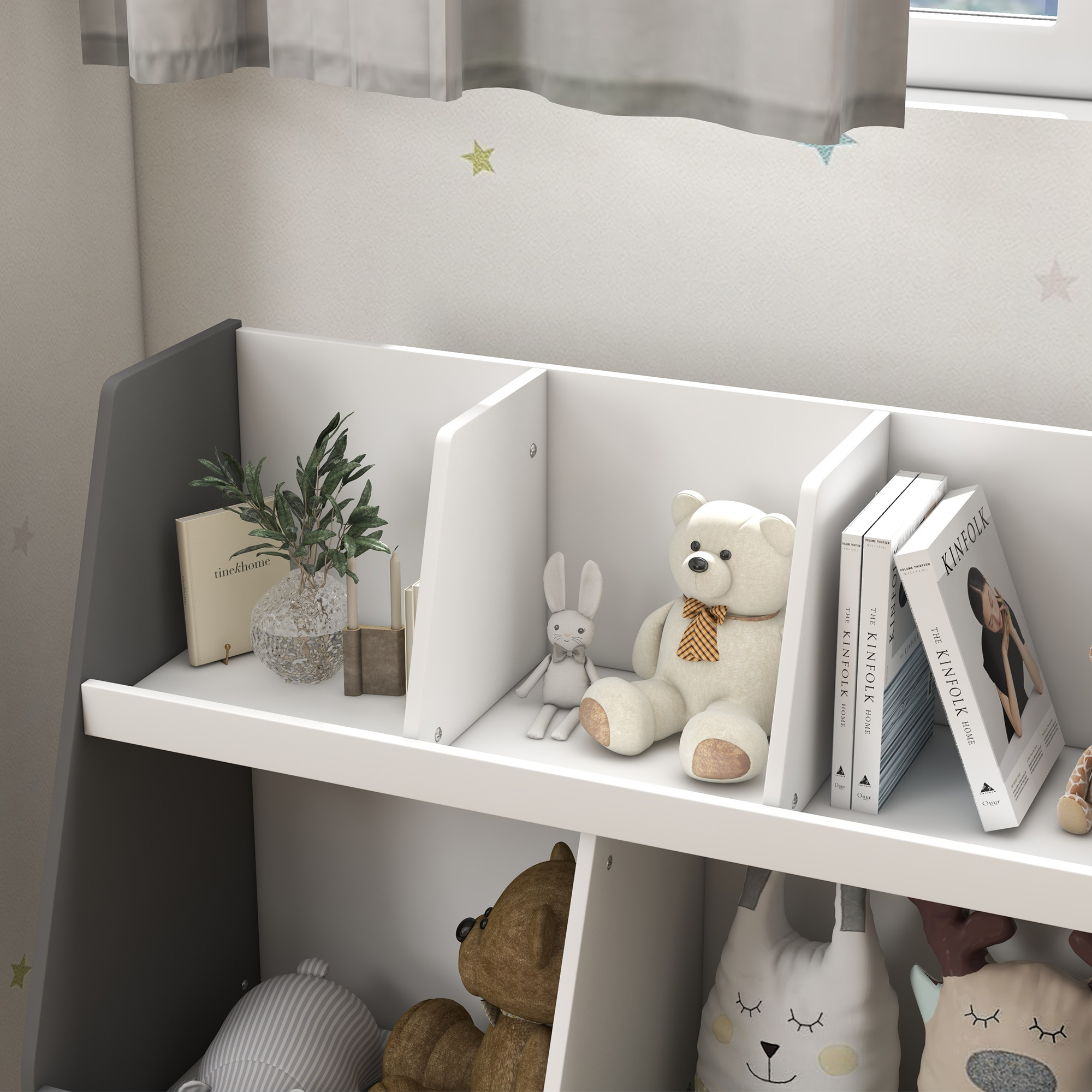 Qaba 2 Tier Gray Kids Bookcase & Toy Shelf, 5 Compartments with Anti-Tip Device for Nursery, Playroom | Aosom.com 6