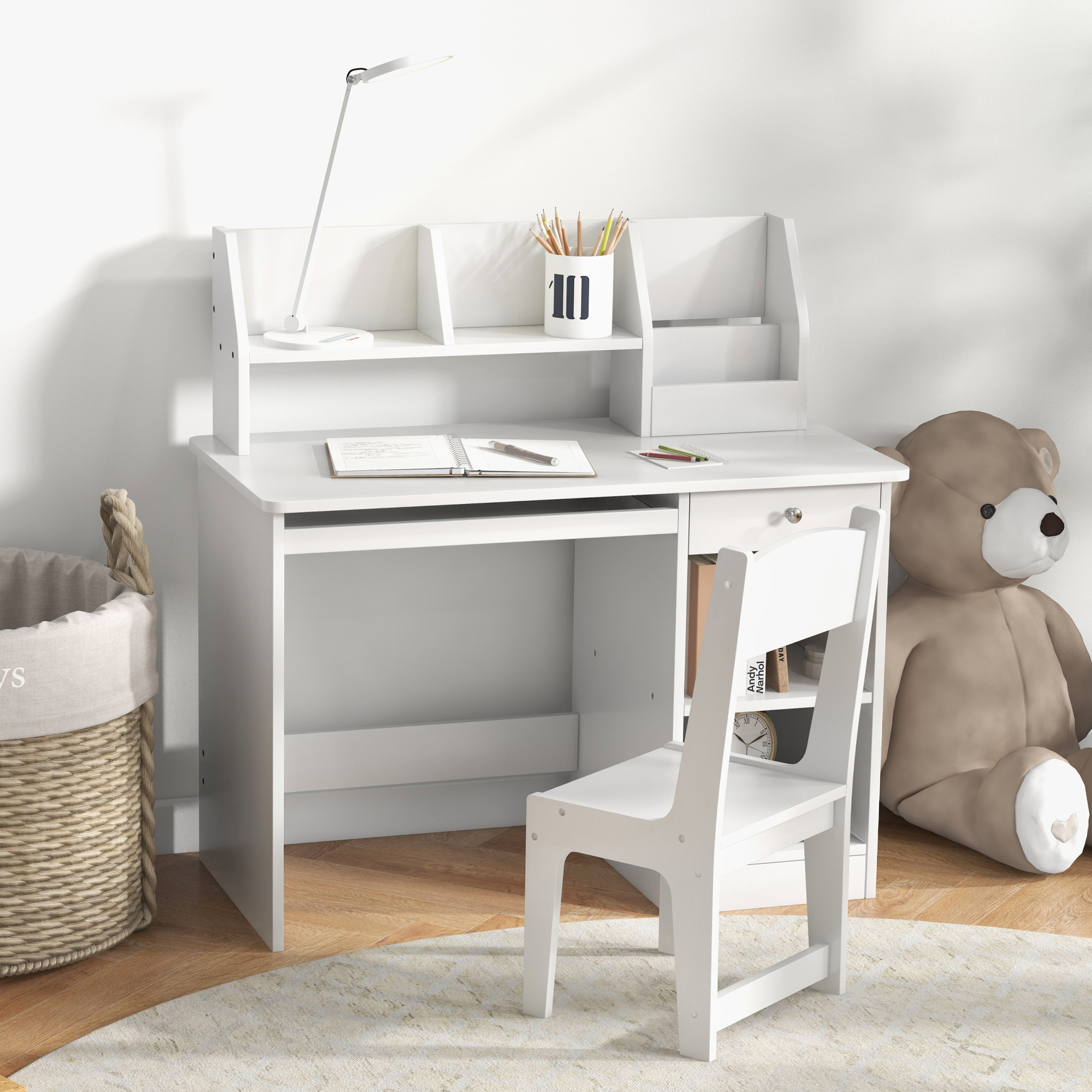Qaba Kids Desk and Chair Set for 5-8 Year Old with Storage, Study Table ...