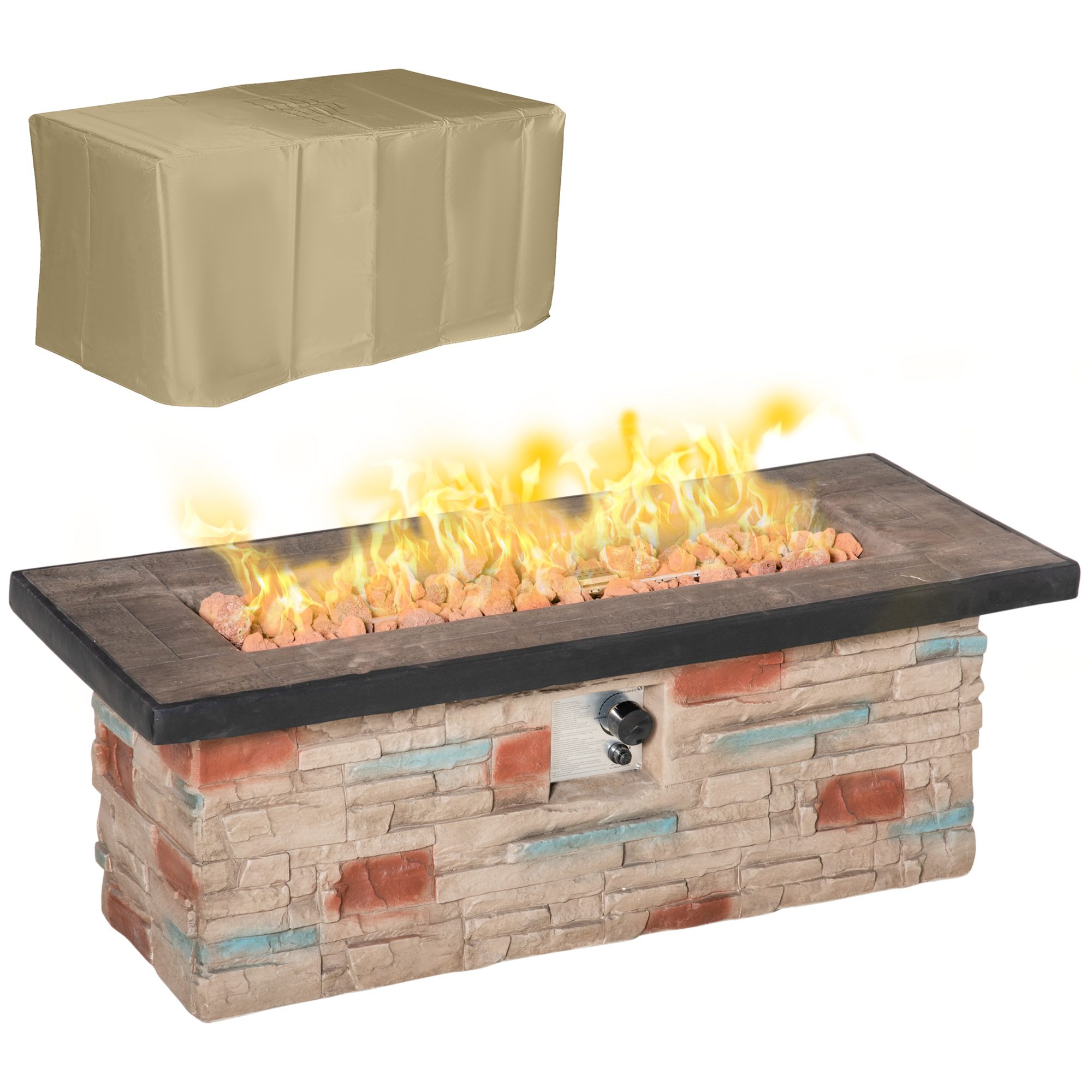Outsunny 48 Inch Outdoor Propane Gas Fire Pit Table, 50,000 BTU Auto-Ignition Rectangular Faux Ledge Stone Gas Firepit with Lava Rocks and Rain Cover,