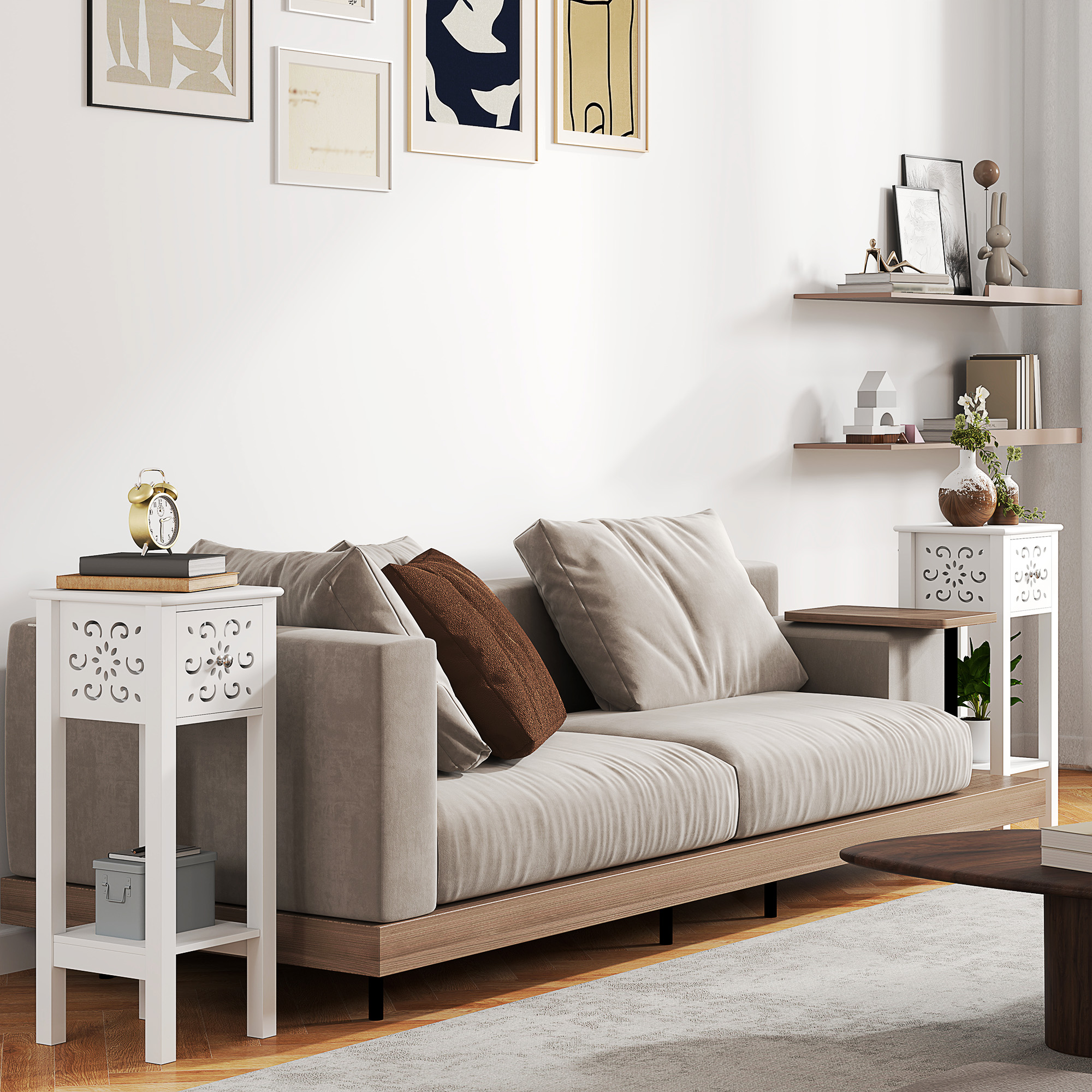 HOMCOM Nightstand Set of 2 with Drawer and Open Storage Shelf White Aosom Canada
