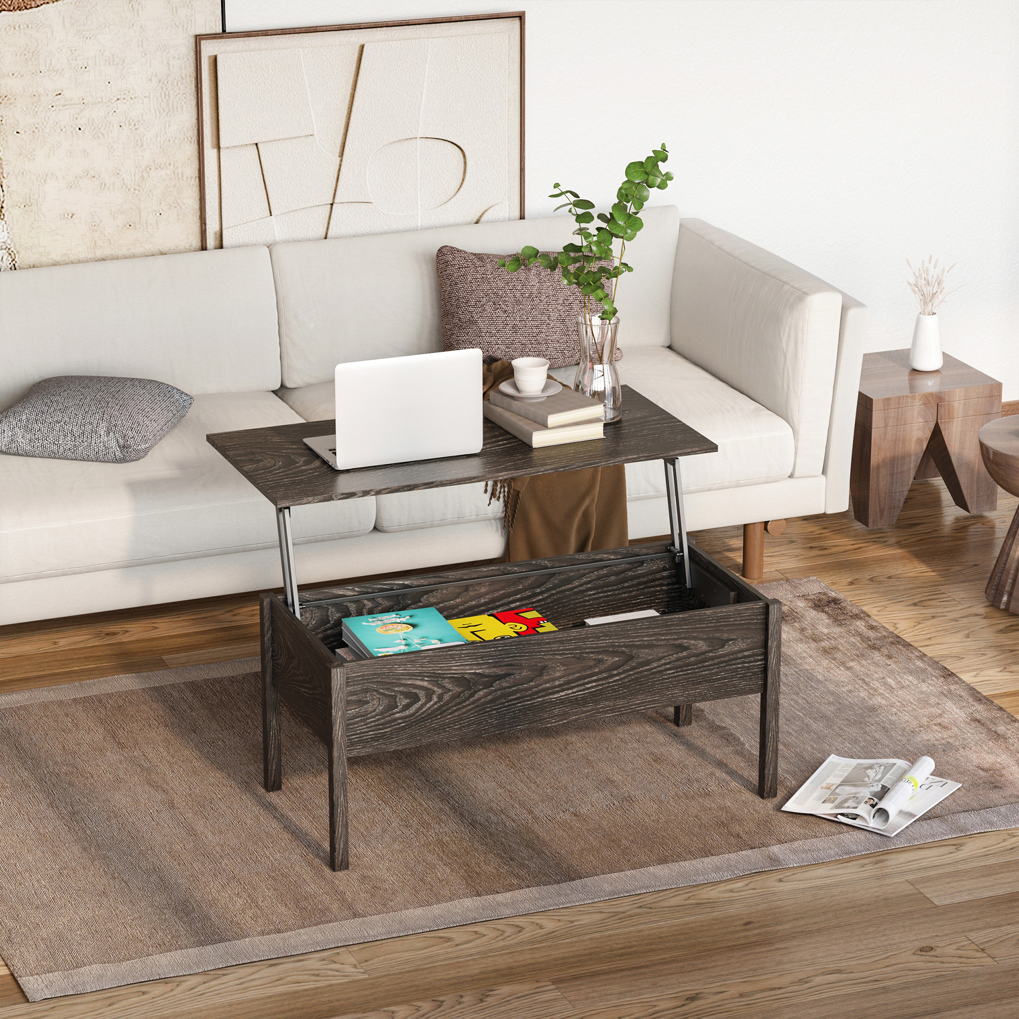 HOMCOM Modern Lift Top Coffee Table with Hidden Storage Light Grey Woodgrain for Stylish Living Room | Aosom.com 0