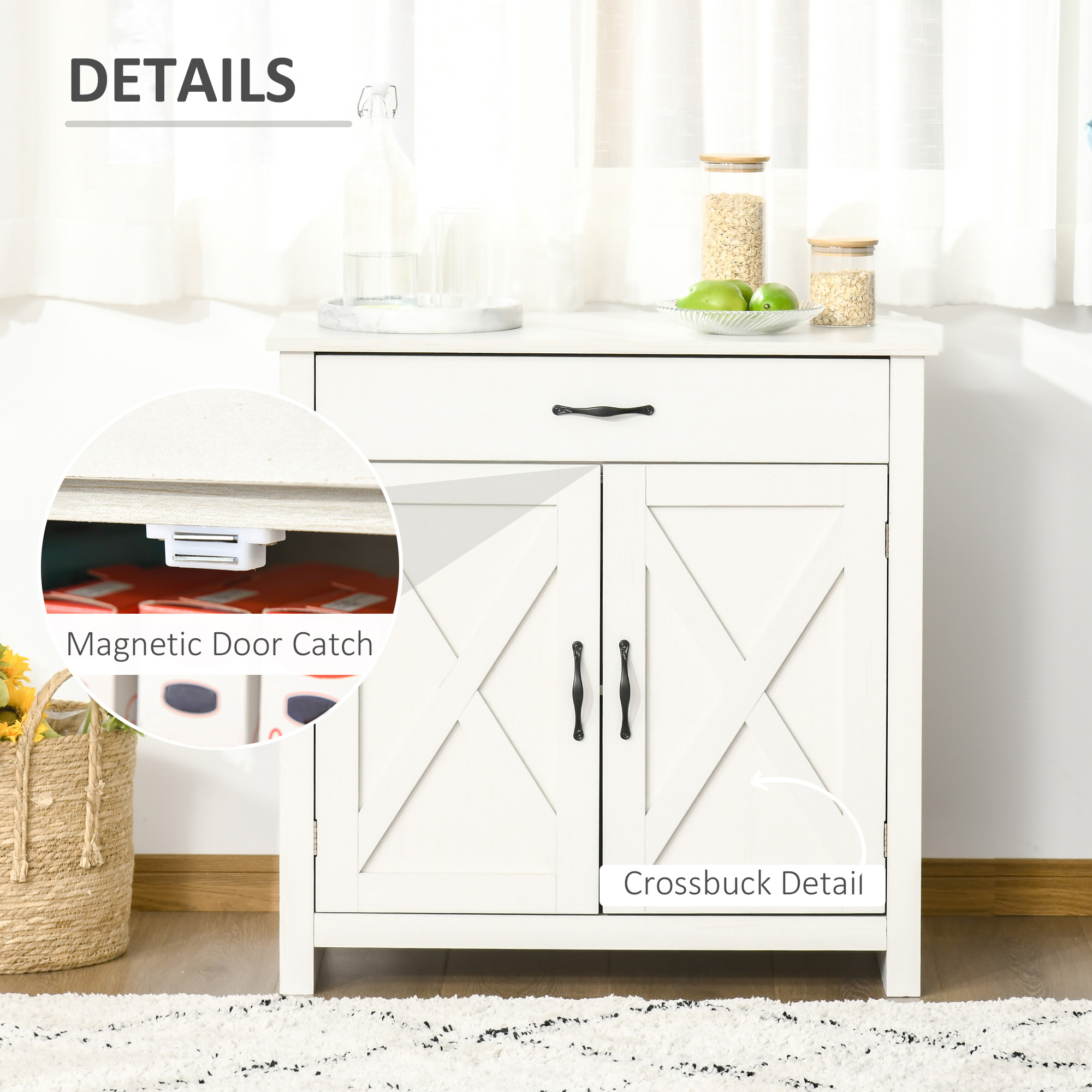 HOMCOM 32" Farmhouse Sideboard Buffet Cabinet with Drawer, Barn Door Style Accent Cabinet Organizer for Kitchen, Living Room & Entryway, White Wash 5