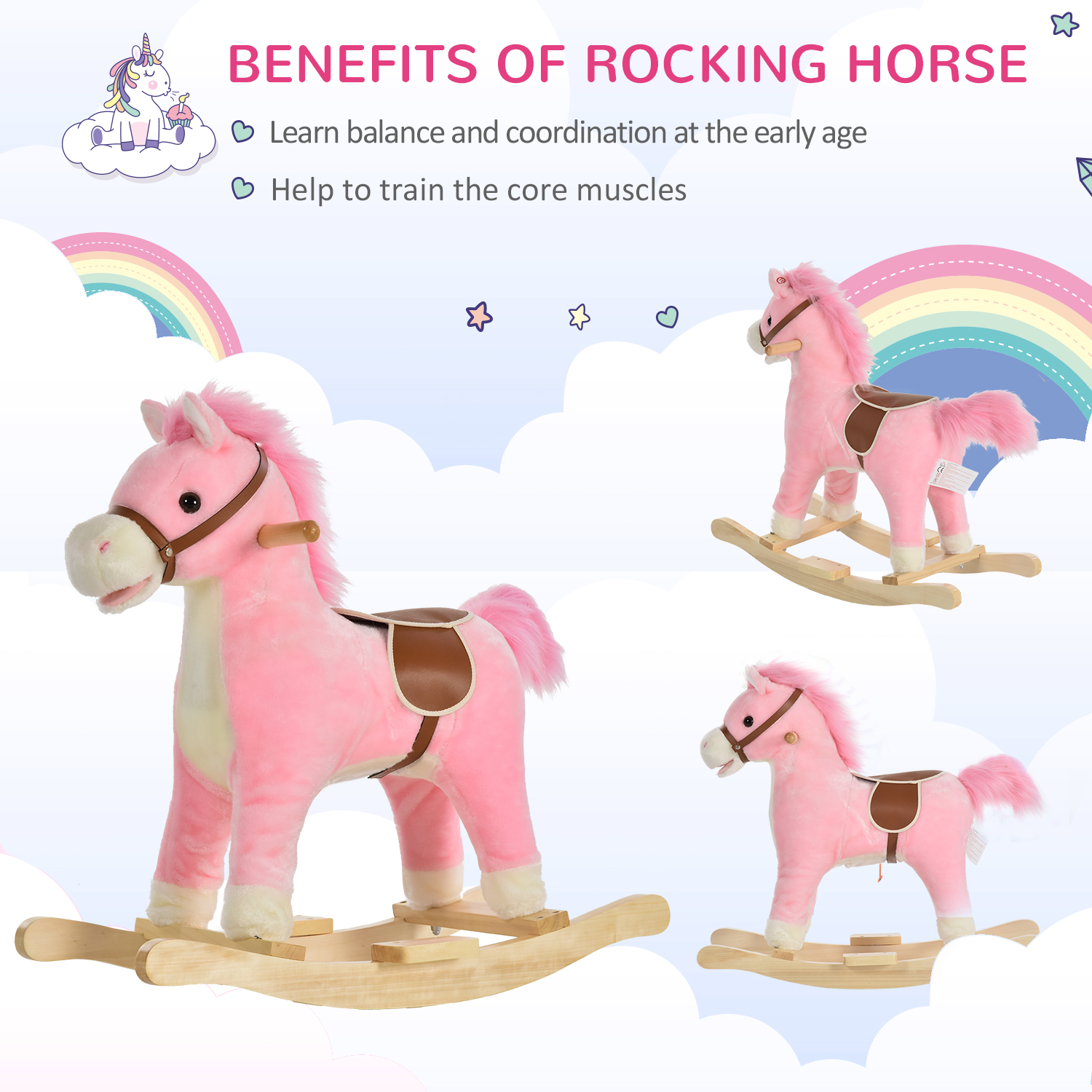 Qaba Rocking Horse Plush Animal on Wooden Rockers with Sounds, Wooden ...