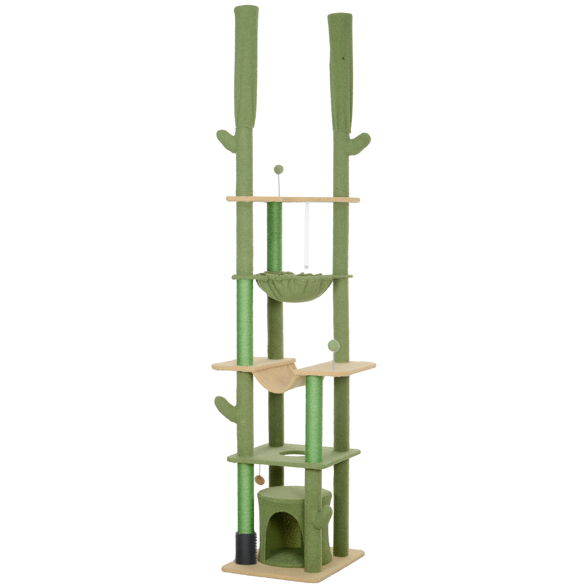 PawHut 89"-100" Floor to Ceiling Cat Tree, Cat Climbing Tower with Grooming Brush Post, Cat Condo, Hammock, Green | Aosom.com