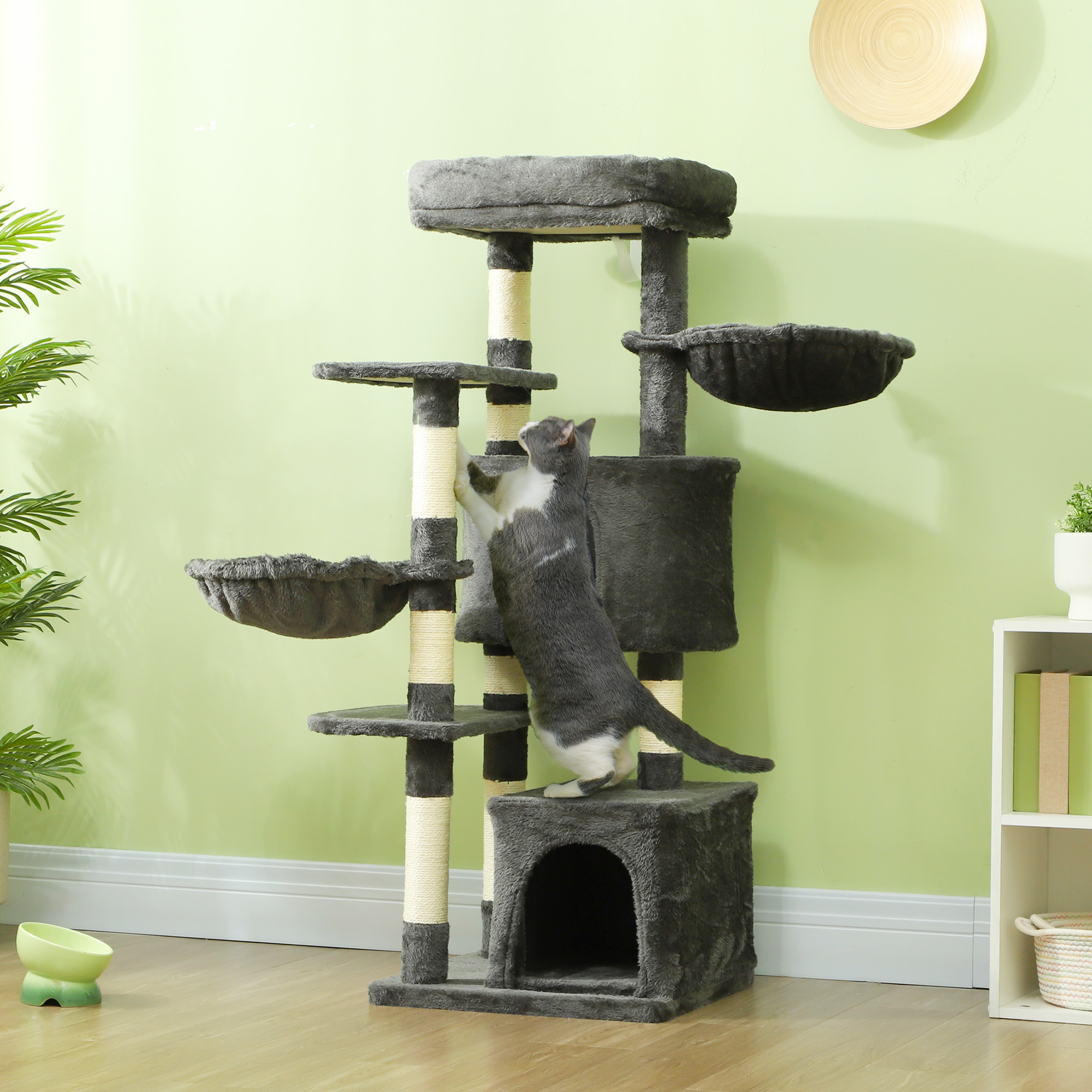 PawHut 52.5" Cat Tree Tower with Scratching Posts, Cat Condos, Bed, Platforms, Hammocks, for Indoor Cats, Dark Grey Aosom Canada