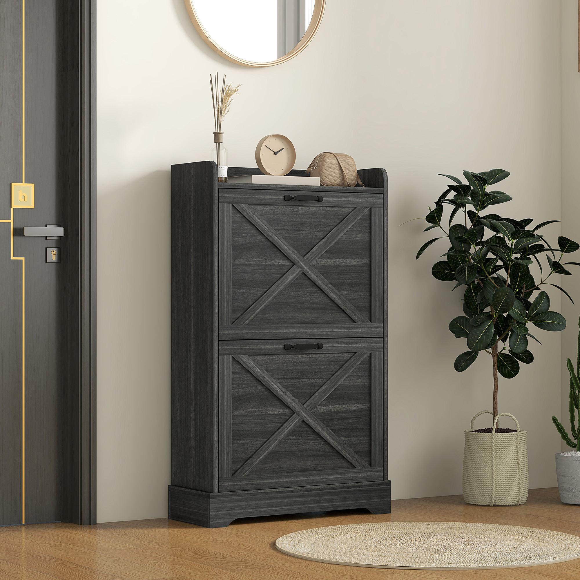 HOMCOM Slim Shoe Storage Cabinet, Farmhouse Shoe Cabinet with 2 Flip  Drawers, Adjustable Shelves for 8 Pairs, Distressed Grey