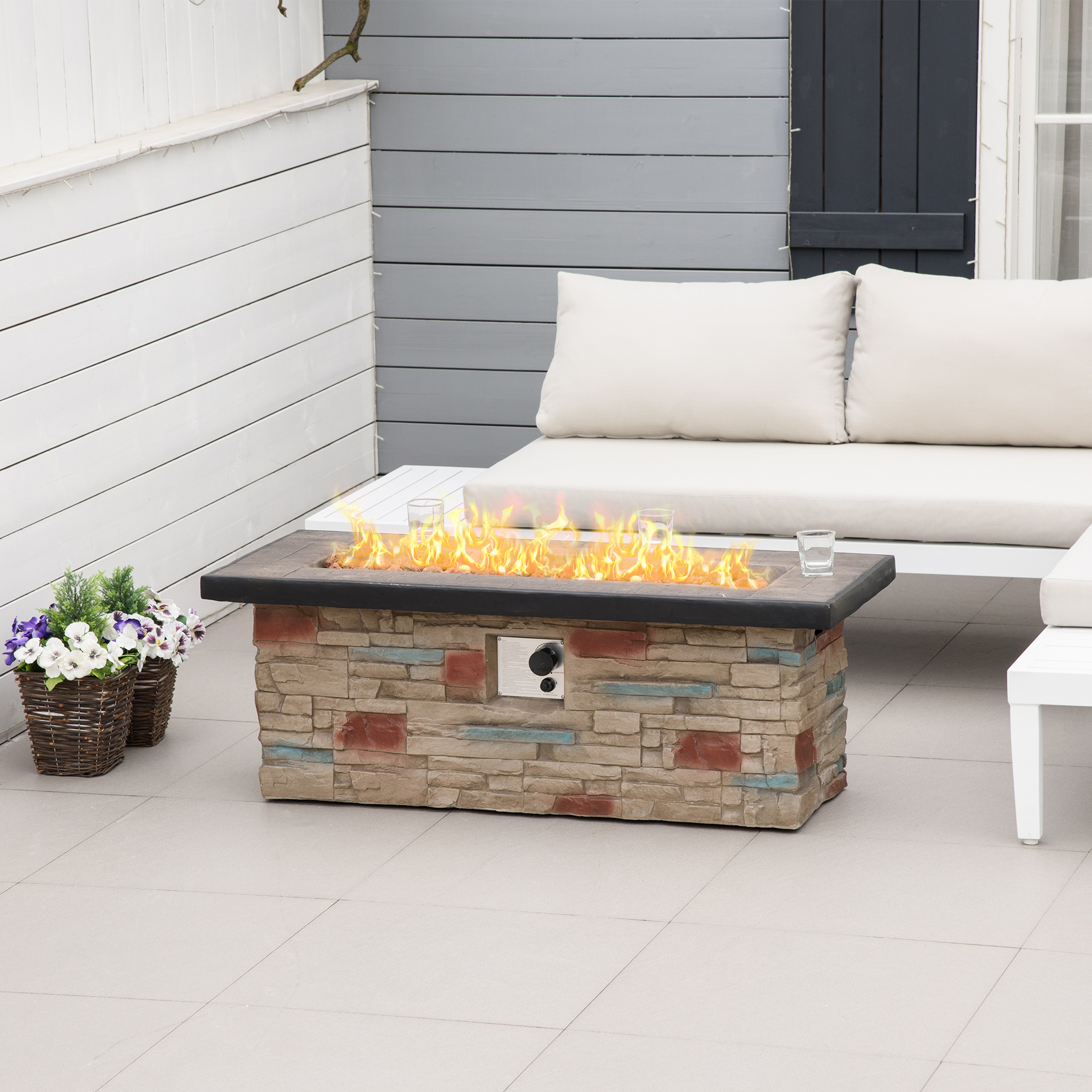 Rectangular Stone Propane Fire Pit Table Outsunny 48