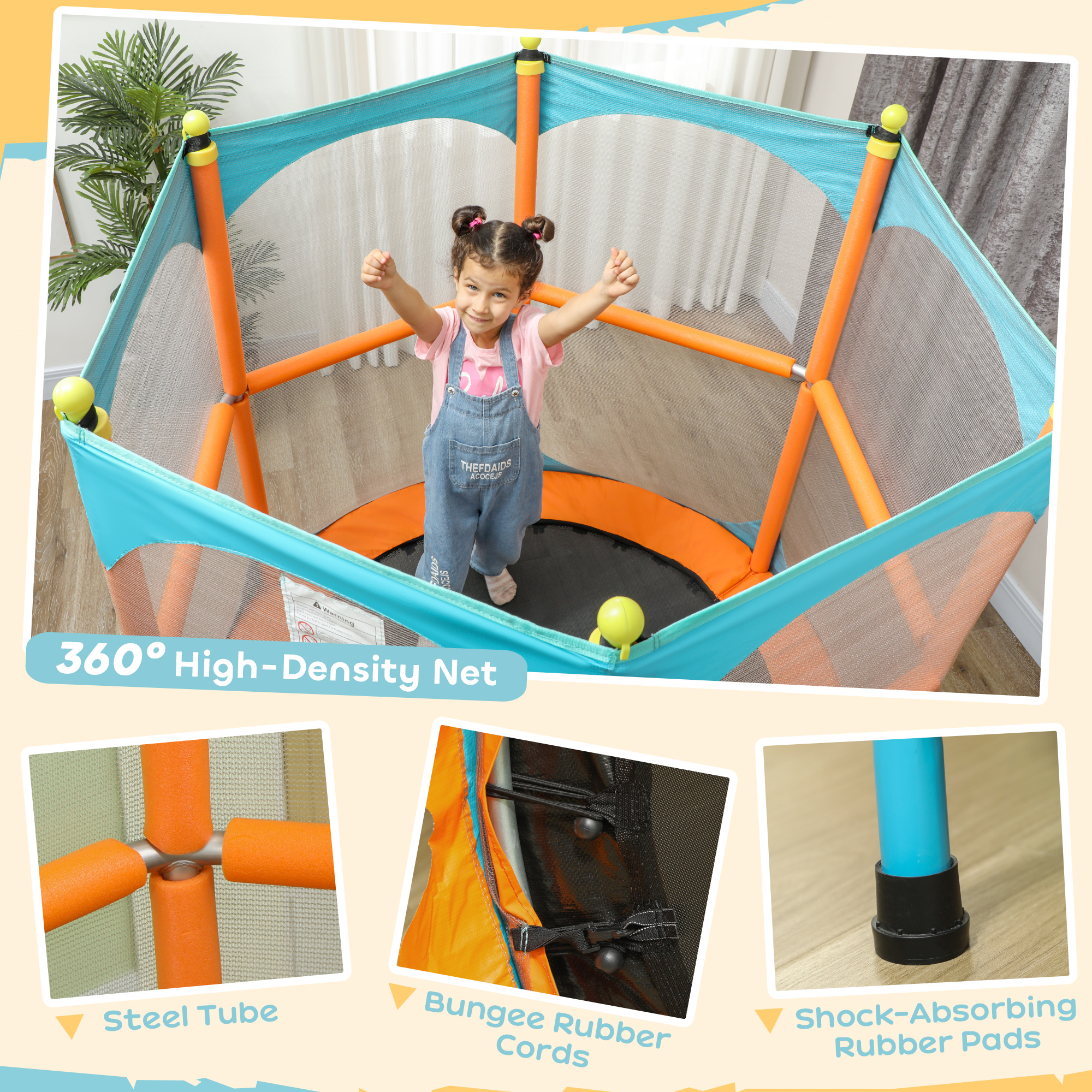 Qaba Trampoline for Kids, 4.6FT Mini Toddler Trampoline Indoor Outdoor w/ Safety Enclosure Net, Orange 4