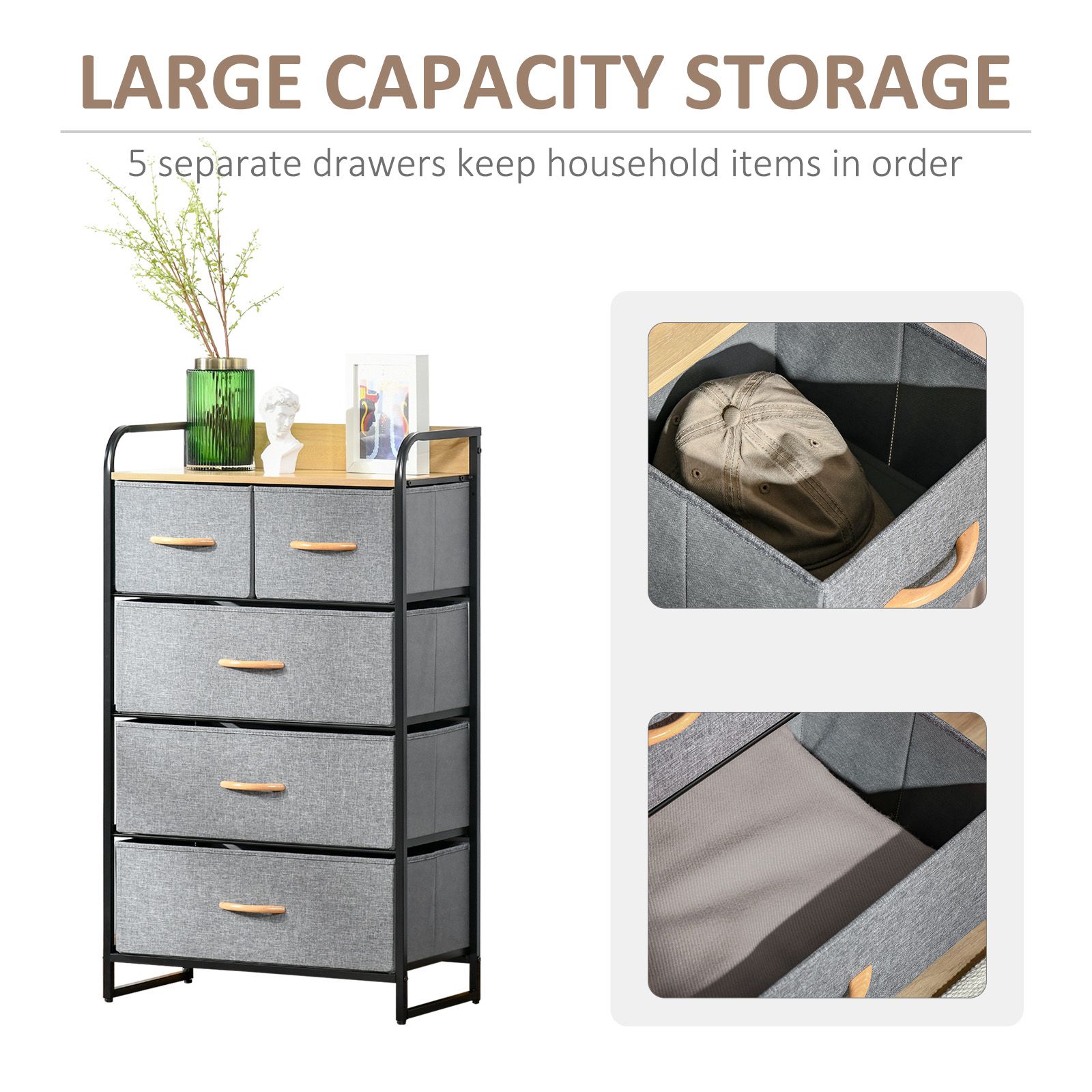 HOMCOM 5-Drawer Light Gray Dresser Tower with Steel Frame & Wooden Top for Bedroom Storage | Aosom.com 3