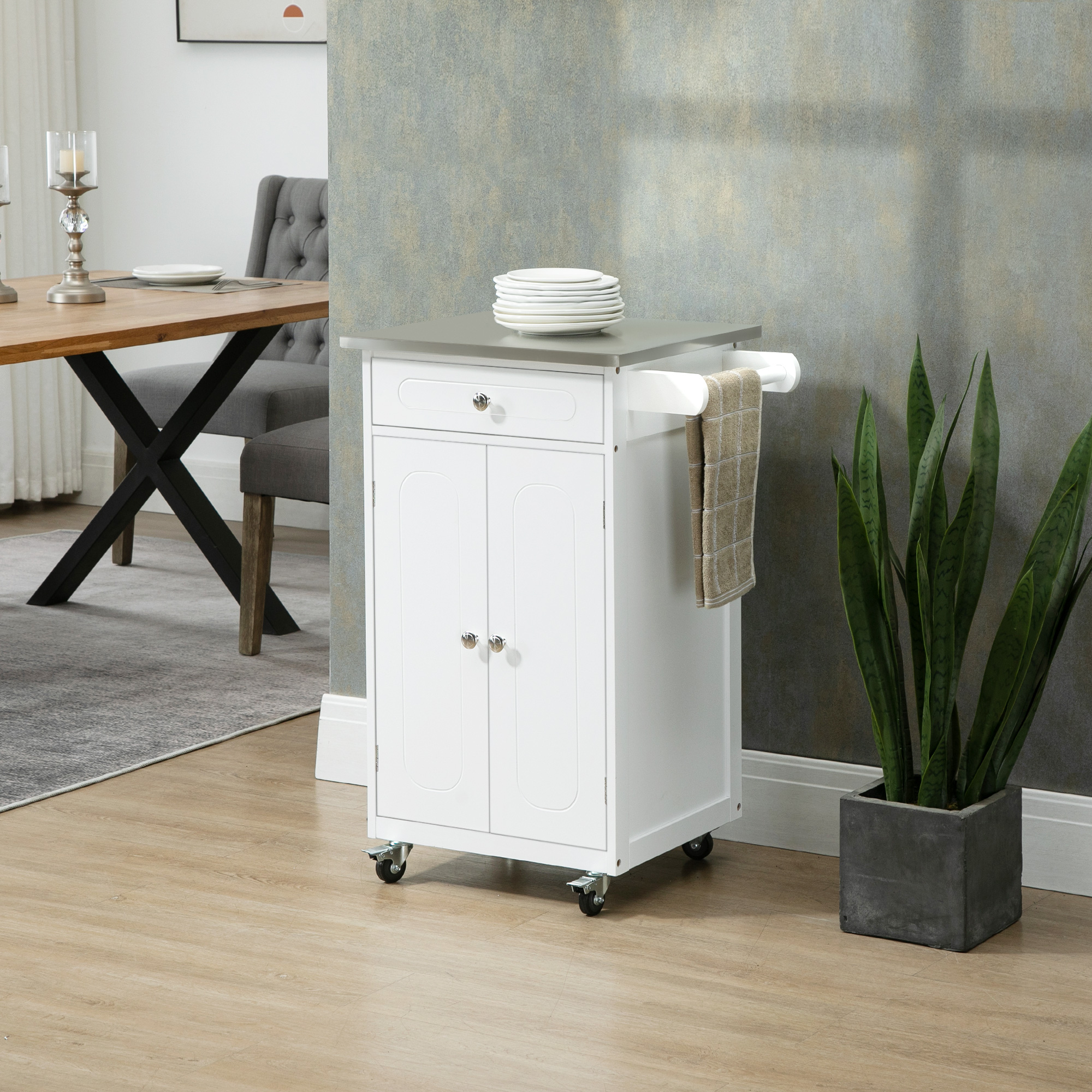 HOMCOM Kitchen Cart, Stainless Steel Top Mobile Trolley with Storage Drawer for Dining Room, White Aosom Canada
