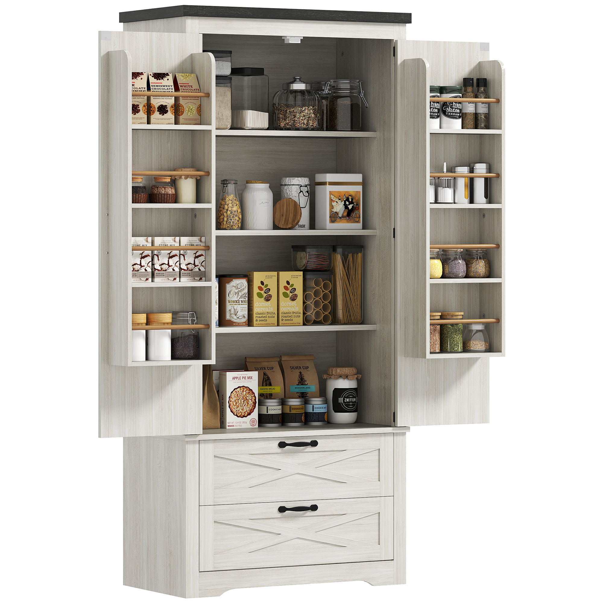 64" Freestanding Cooking Pantry Organizer Unit with Drawers, Farmhouse Cooking Pantry Organizer Organizer Unit, Distressed White 1