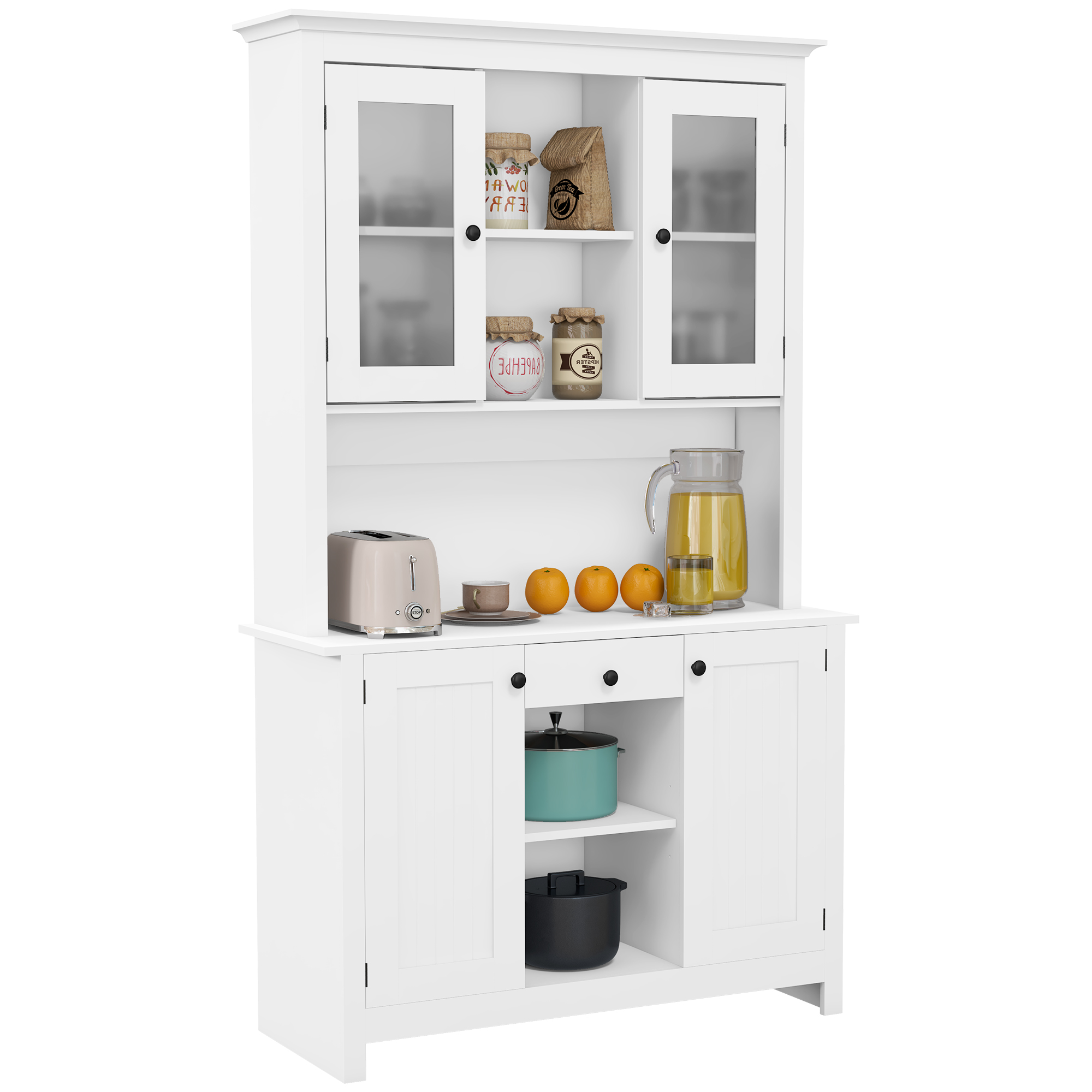 HOMCOM Freestanding Rustic Buffet with Hutch, 4 Door Farmhouse Kitchen Pantry Storage Cabinet, Microwave Stand with Beadboard Panel, Drawer and Adjust