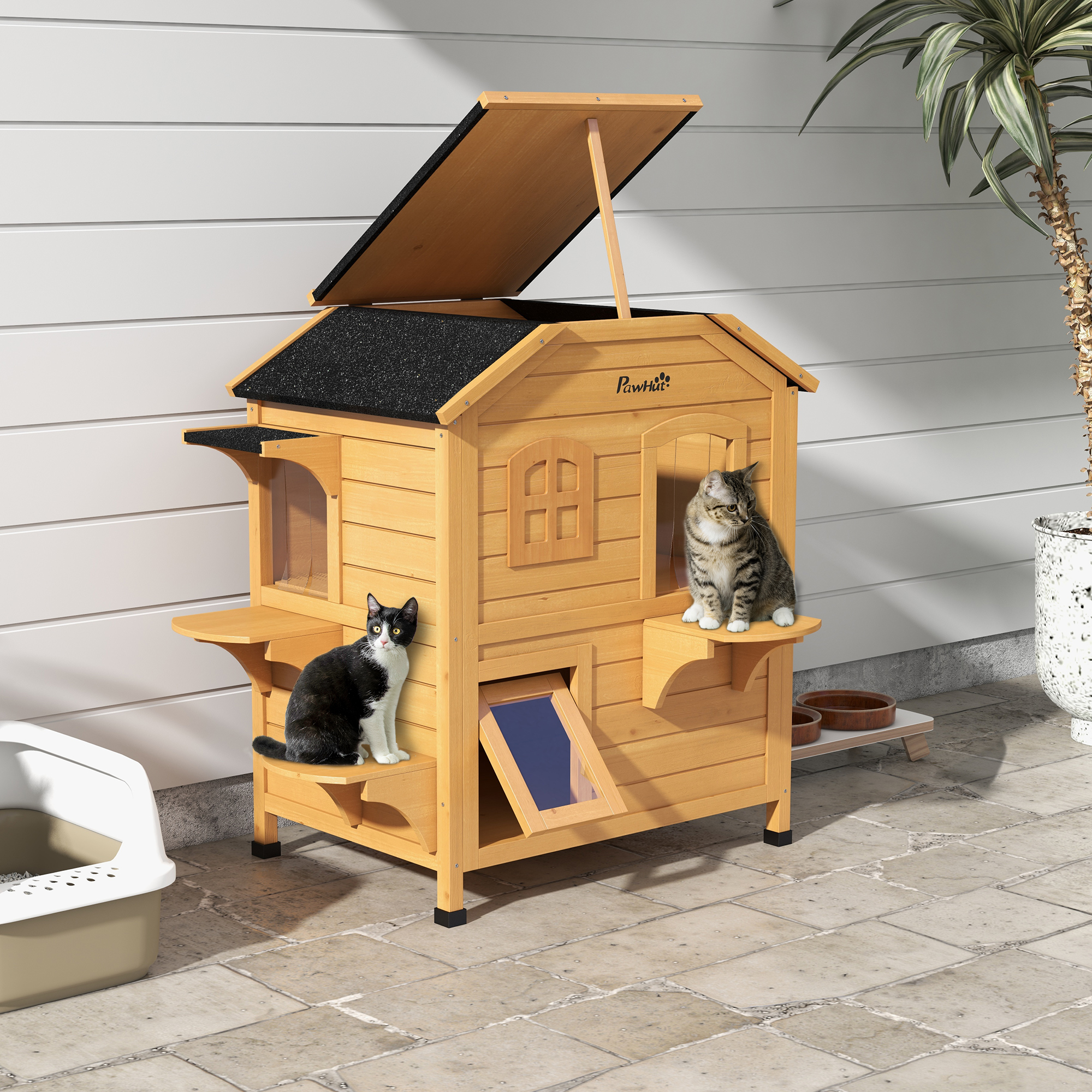 Outdoor Insulated Cat House 2 Tier Warm Wood Cat Shelter With Sunlight Roof Balcony Jumping Platforms Kitty Pet Porch Enclosure Weatherproof Openable Gray Insulated Warm