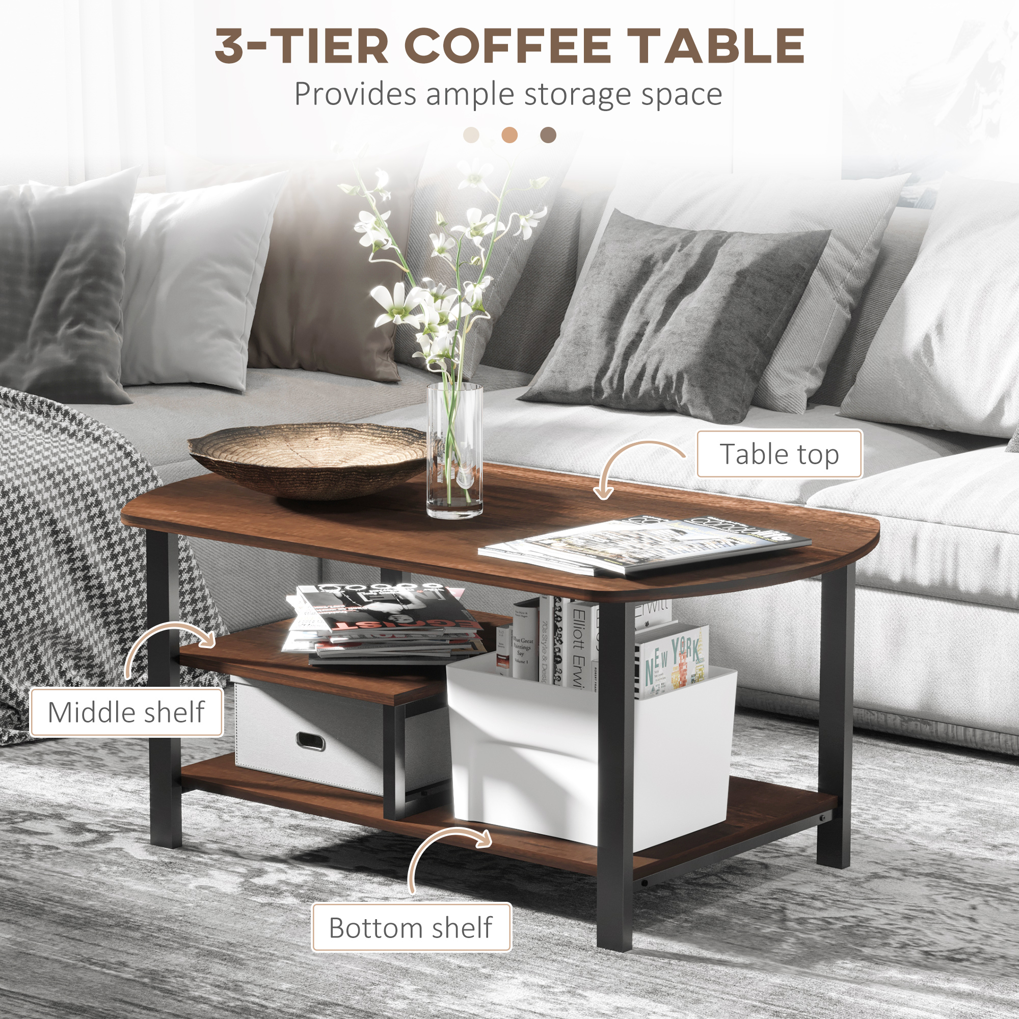 HOMCOM Vintage Industrial Coffee Table with Under-Top Storage Shelves and Rounded Corners, Dark Wood Color 2
