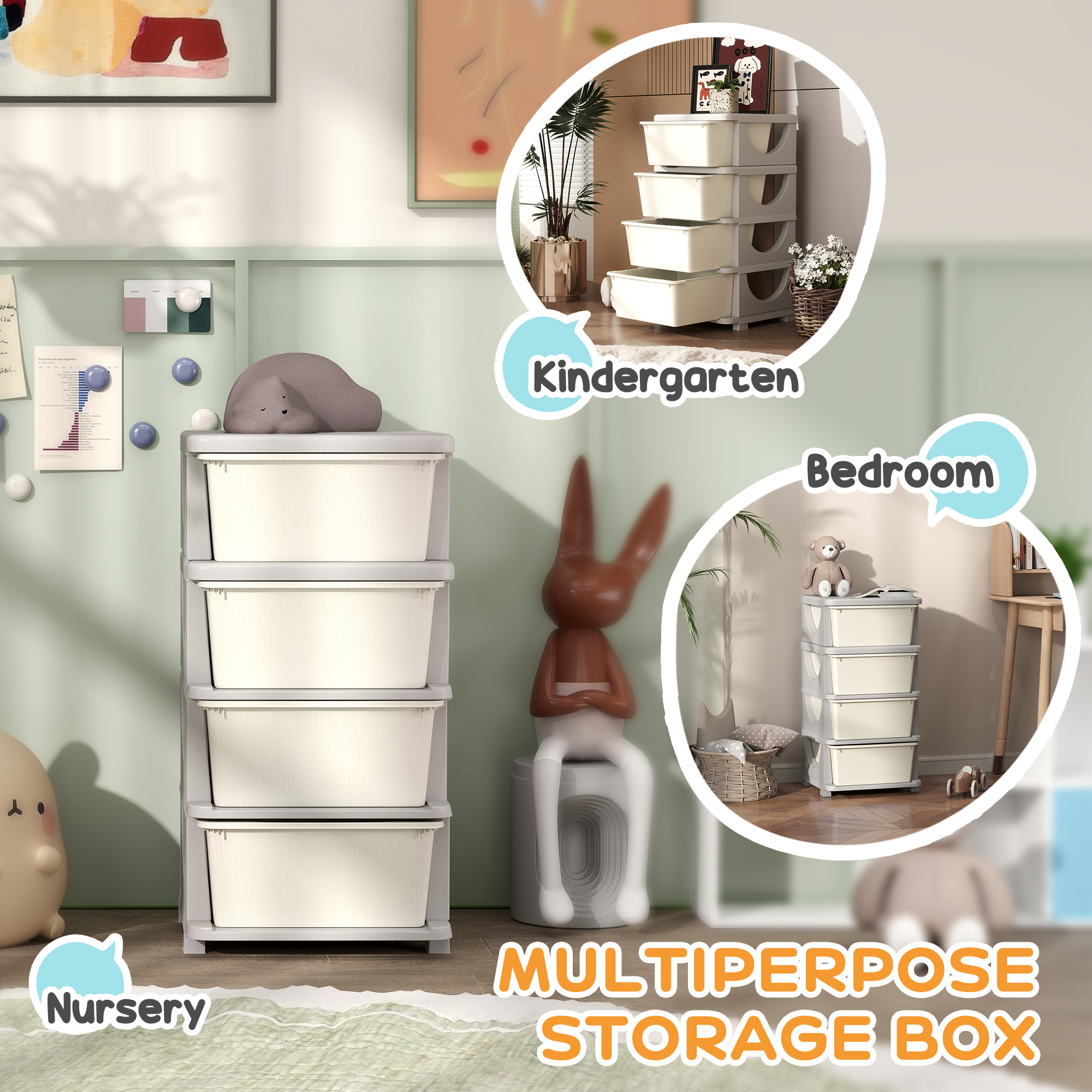 Qaba 30" 4 Tier Kids Storage Unit Dresser Tower w/ 4 Drawers, Cream White 4