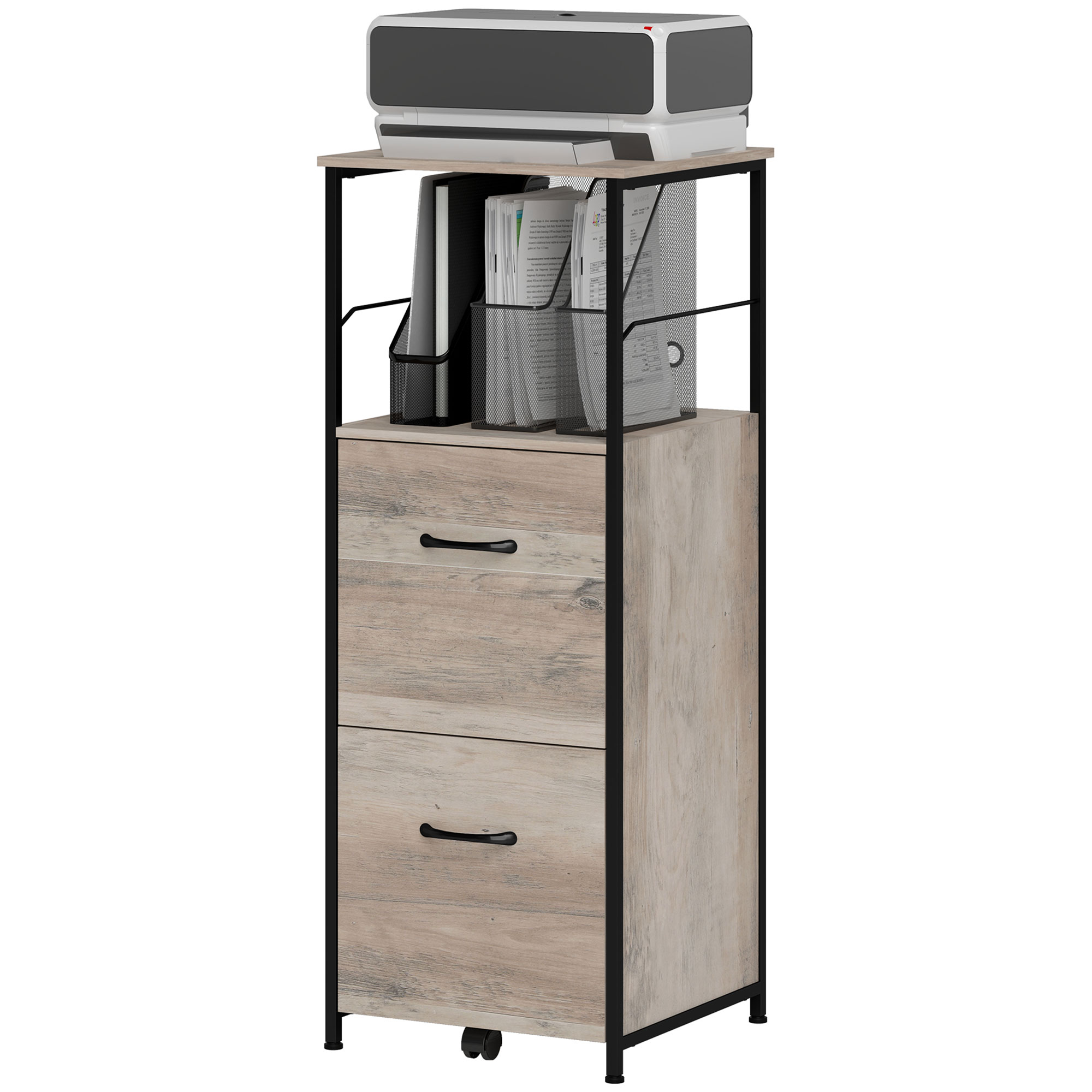 Tall File Organizer Unit with 2 Drawers, Vertical Document Organizer Unit, Hanging Bars for Letter and A4 Size, Distressed Grey 1