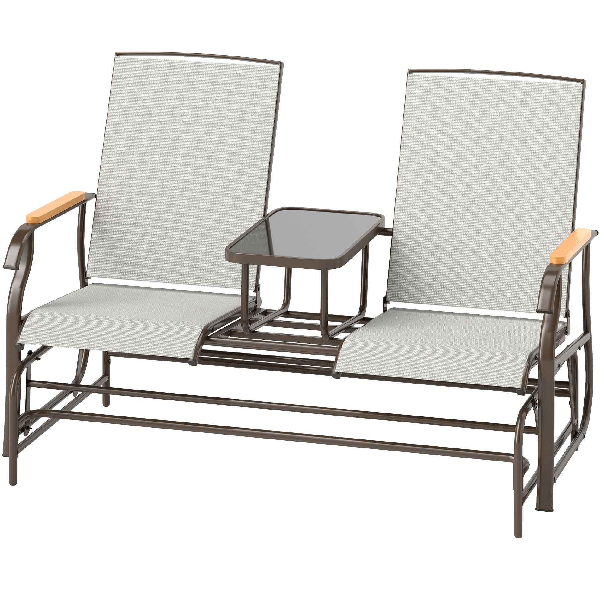 Outsunny Outdoor 2-Person Glider Bench, Outside Glider Swing Chair Loveseat with Table, Steel Frame, Cream White