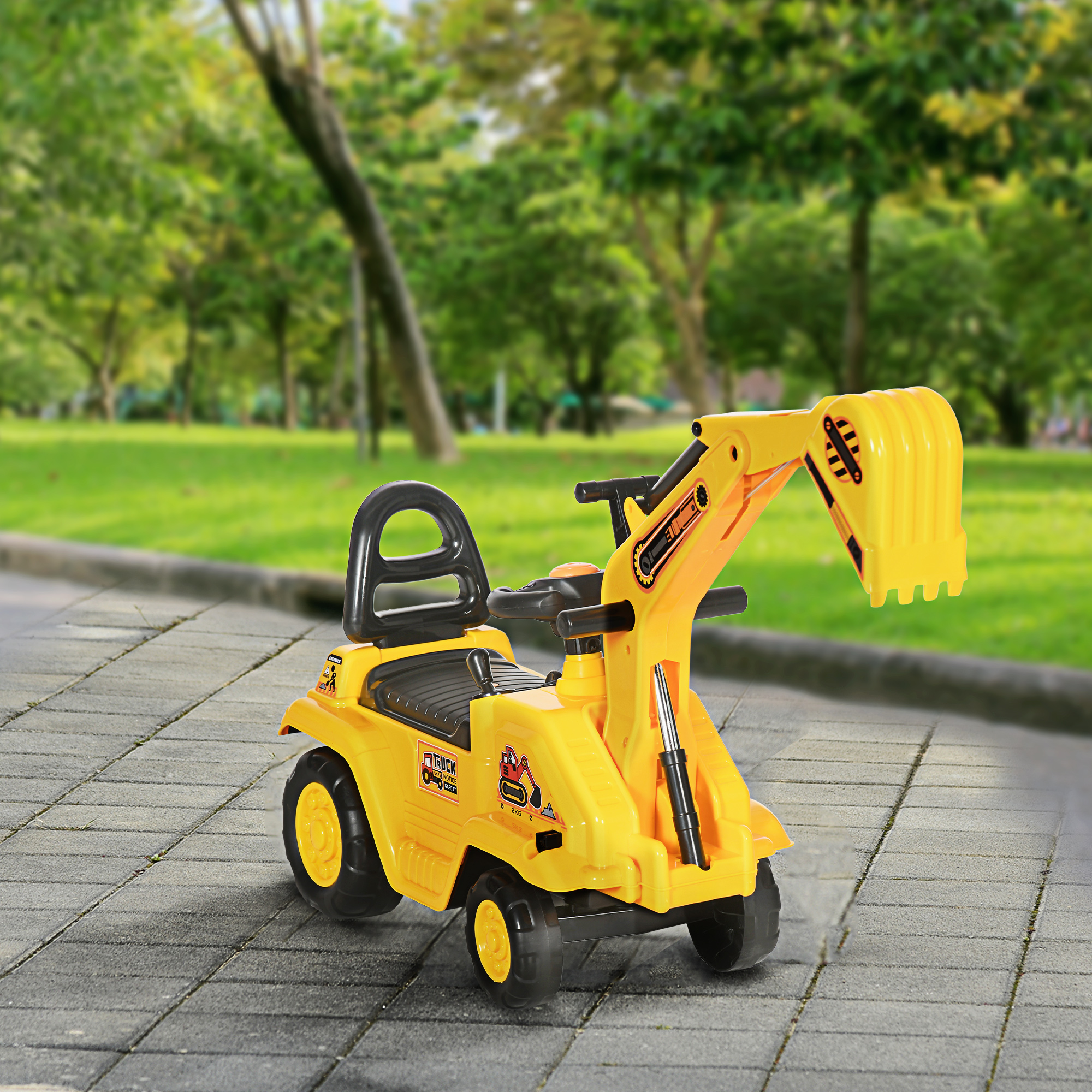 HOMCOM 3 in 1 Ride On Toy Excavator Digger Scooter Pulling Cart
