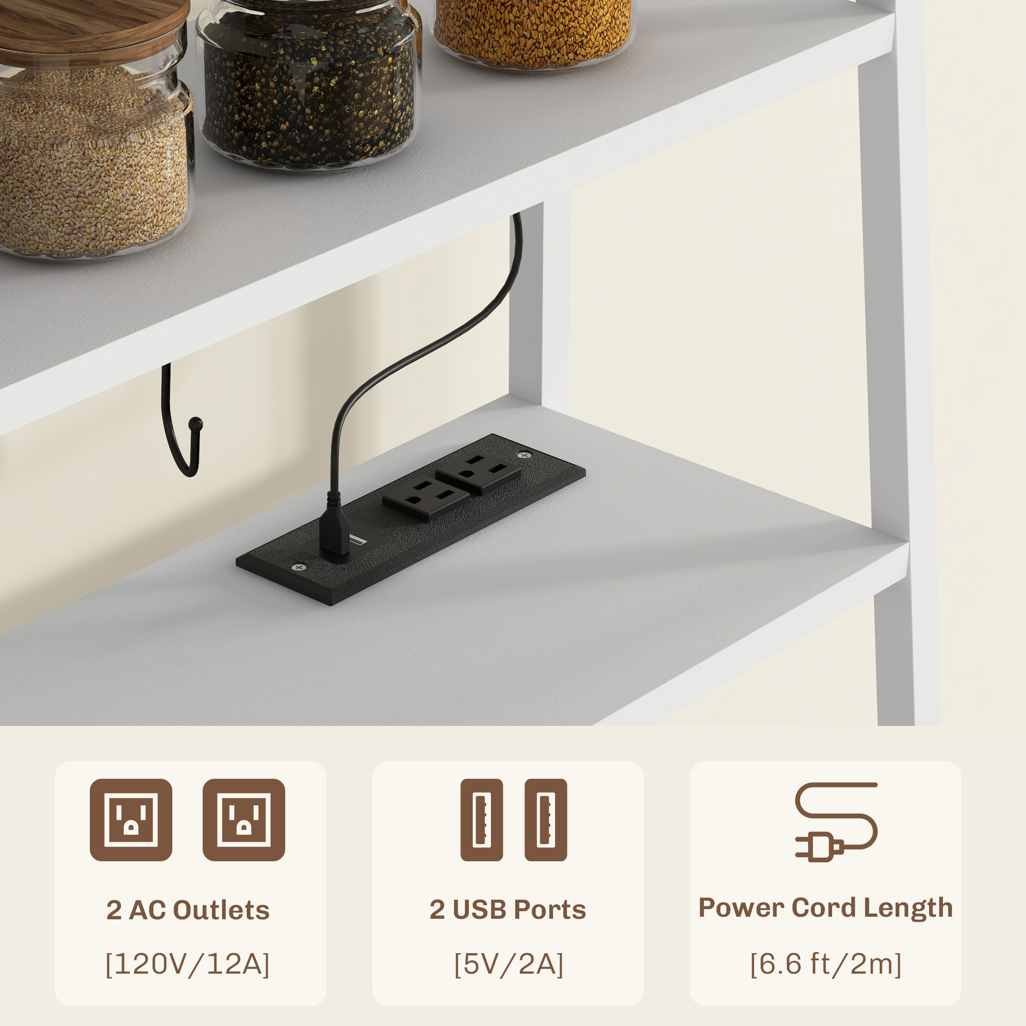 HOMCOM Industrial Kitchen Shelving Unit, White with Charging Station, LED Lights & Barn Door | Aosom.com 4