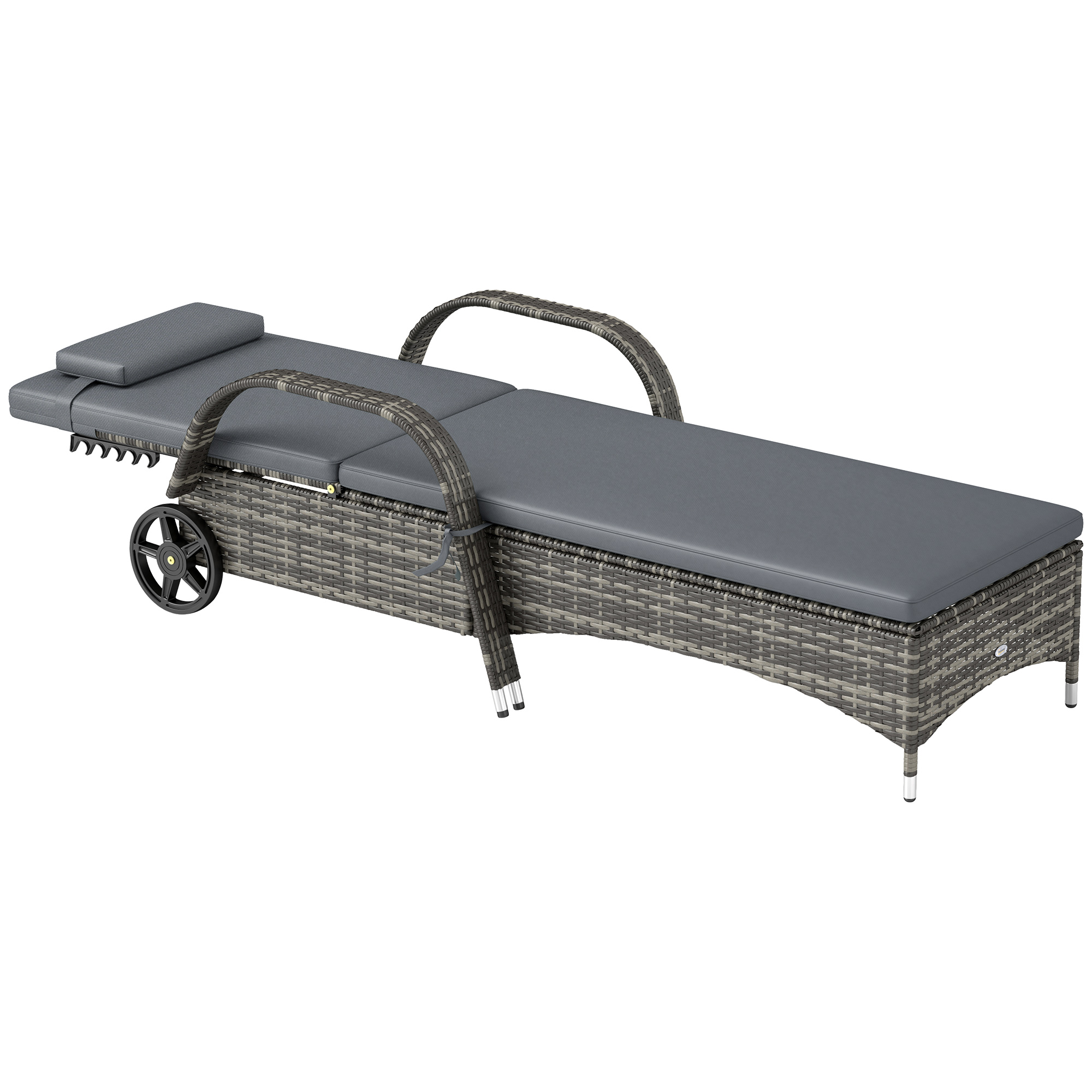 Outsunny Outdoor Chaise Lounge, 5-Level Adjustable Backrest Rattan Pool Lounge Chair with Wheels, Cushion & Headrest, Gray