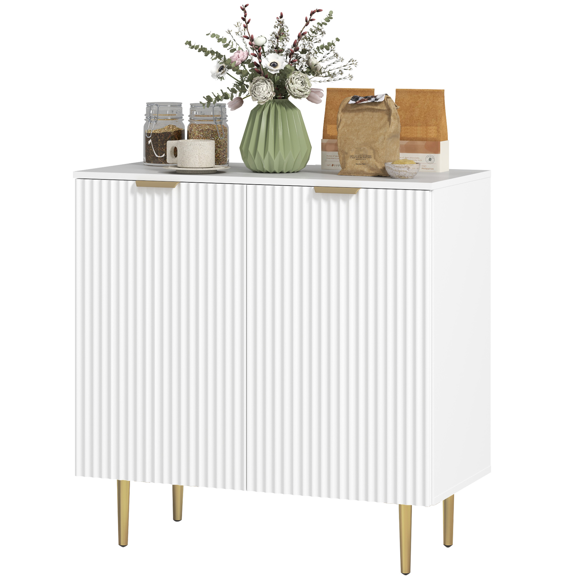Sideboard Buffet Organizer Unit with Adjustable-Height Shelves and Metal Legs for Cooking, Modern Cooking Organizer Organizer Unit, White 1