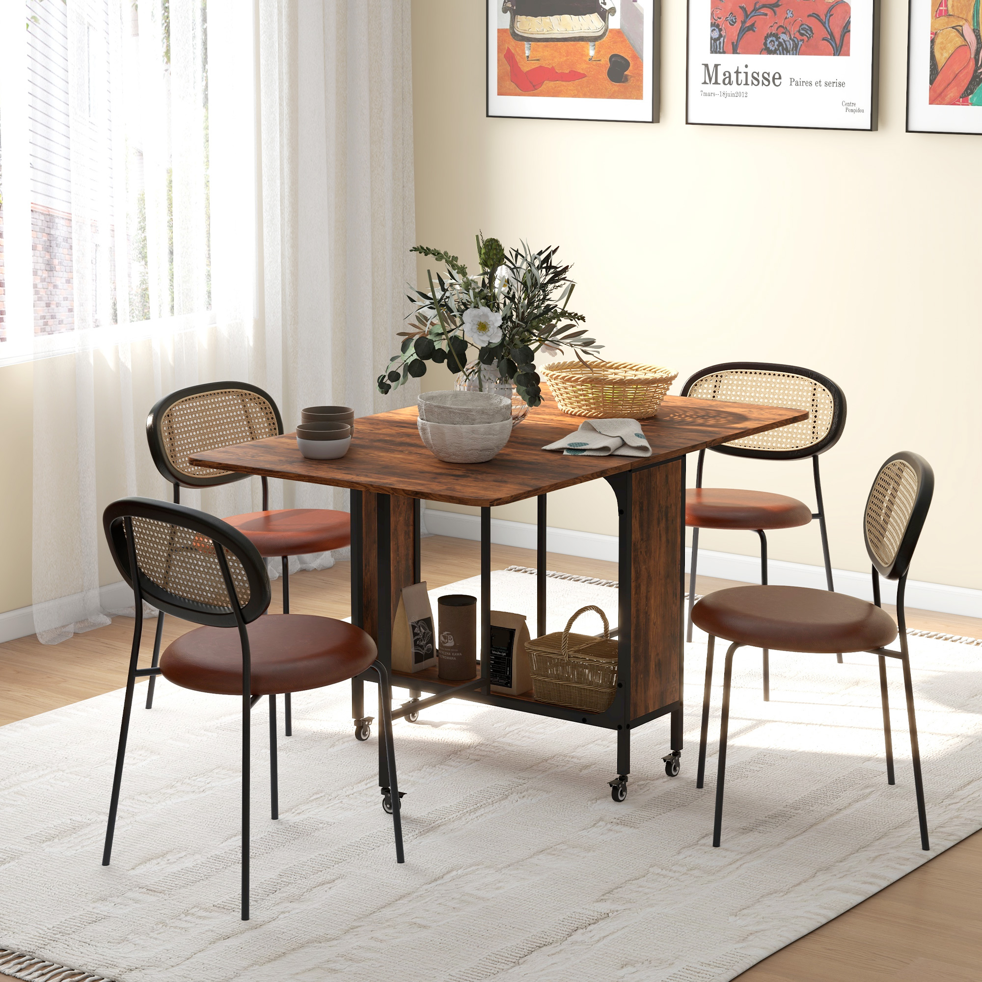 HOMCOM Folding Dining Table, Extendable Kitchen Table for Small Spaces with Storage Shelf and 6 Wheels, Rustic Brown Aosom Canada