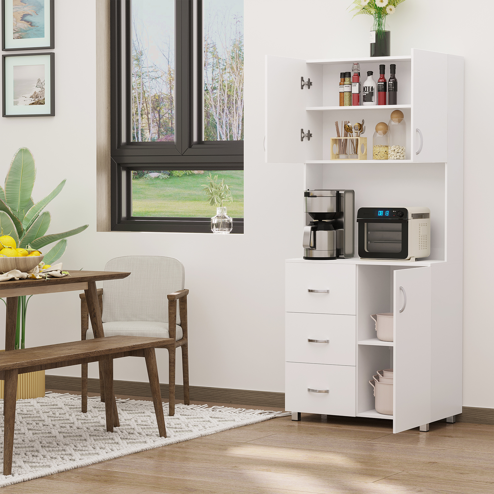 HOMCOM Kitchen Pantry Cabinet with Hutch and Open Countertop Shelf, Tall Kitchen Hutch with 2 Door Cabinets and 3 Drawers, White Aosom Canada