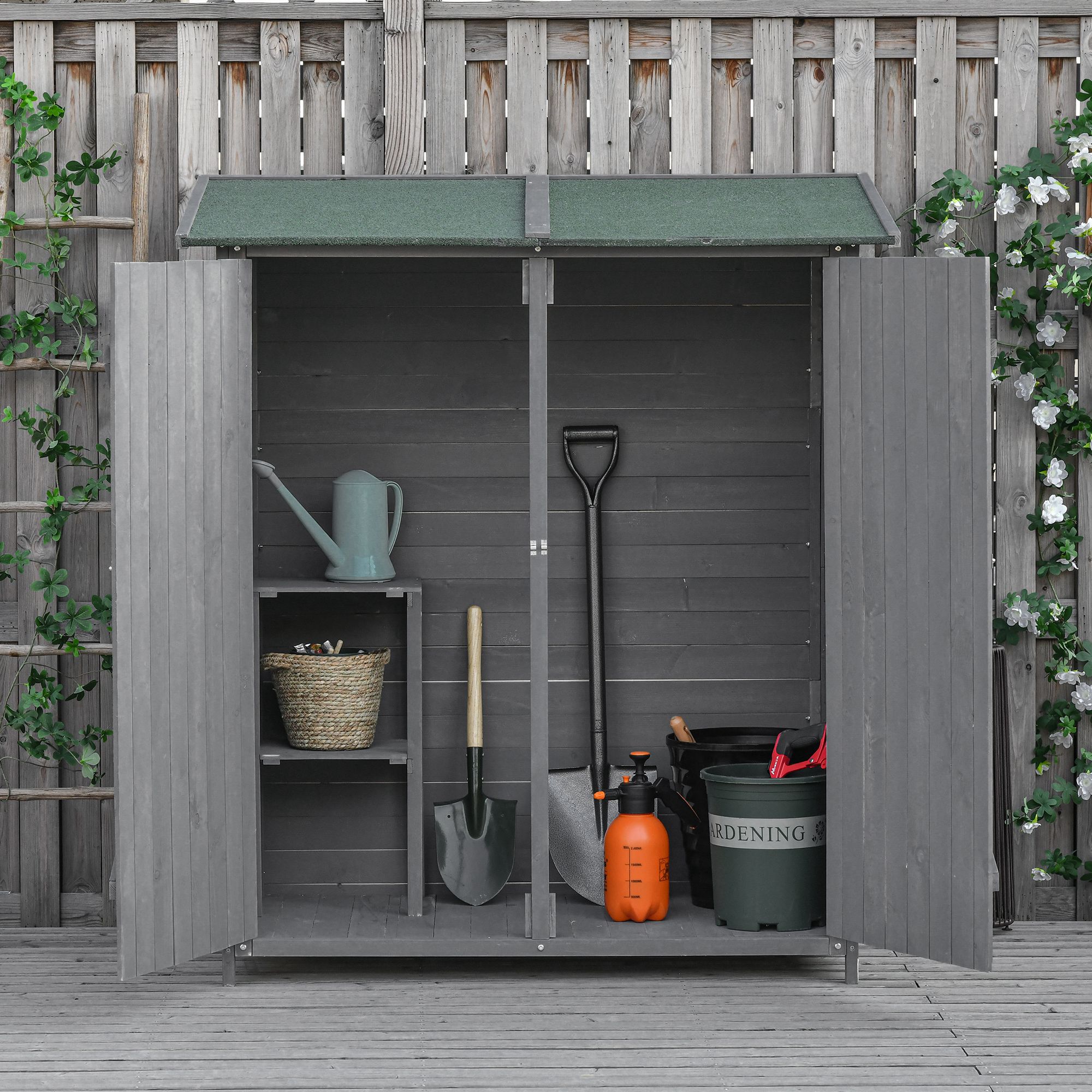 Outsunny Wooden Garden Shed Asphalt Roof Double Door Outdoor Storage Shelf Green Grey Aosom Canada