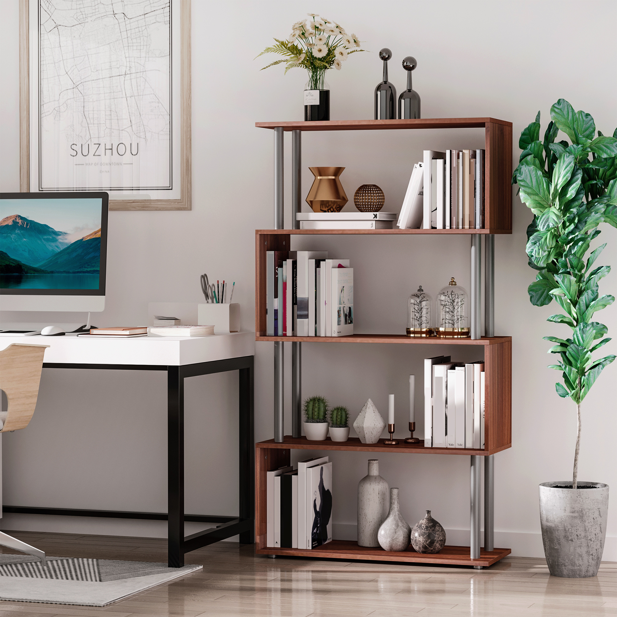 HOMCOM 5-Tier Z-Shape Bookcase: Wooden Shelves with Metal Frame for Living Room, Bedroom, Office, Walnut Aosom Canada