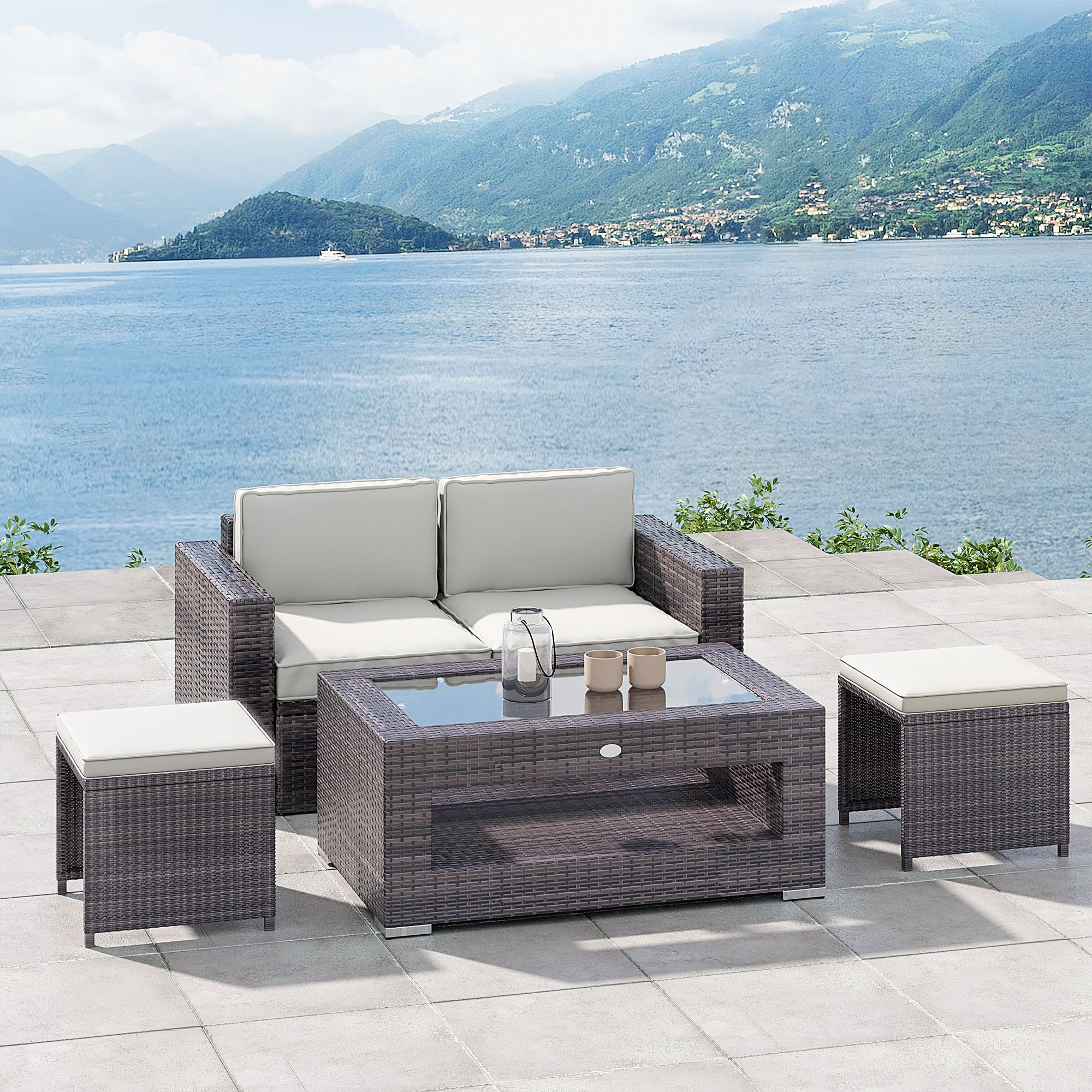 Outsunny Rattan Patio Coffee Table with Storage 2-Tier Outdoor Side Table with Tempered Glass Top Grey Aosom Canada