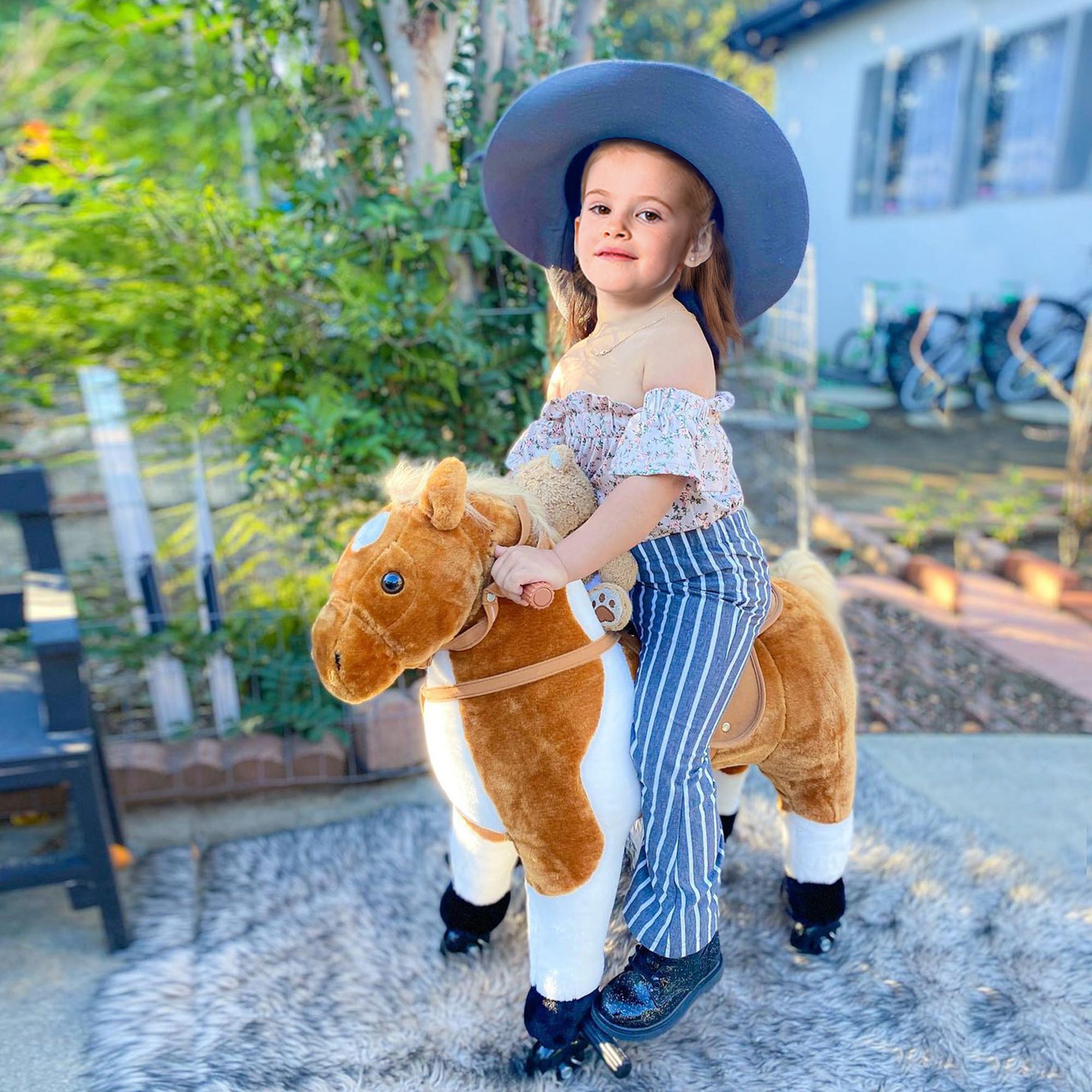 Qaba Plush Rocking Horse for Kids with Neigh Sound, Wheels, 110lb Capacity - Child's Brown Pony Ride-On Toy Aosom Canada