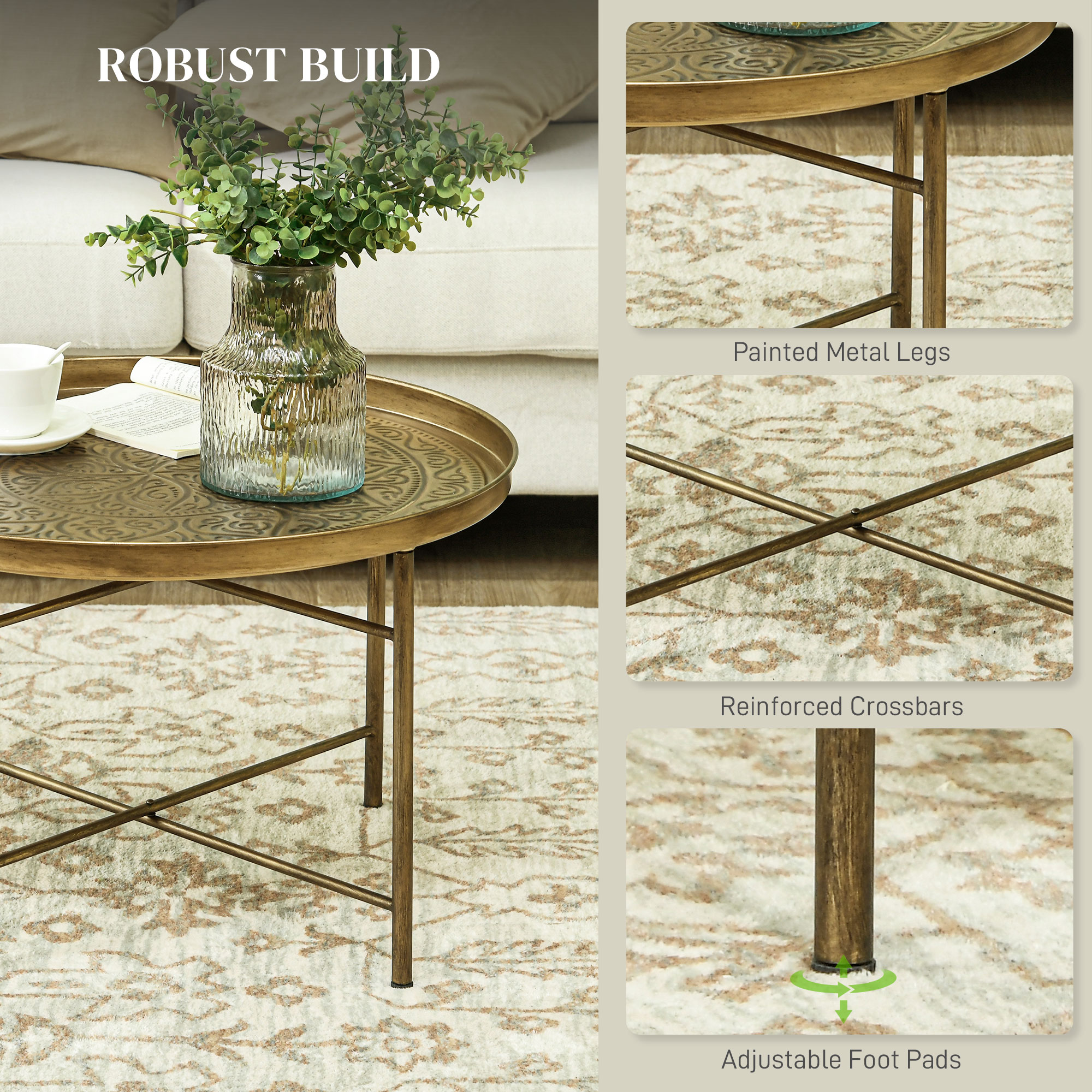 HOMCOM 24" Round Cafe Table, Gold Hammered Tray Top with Metal Frame, Living Room Center Table | Aosom.com 3