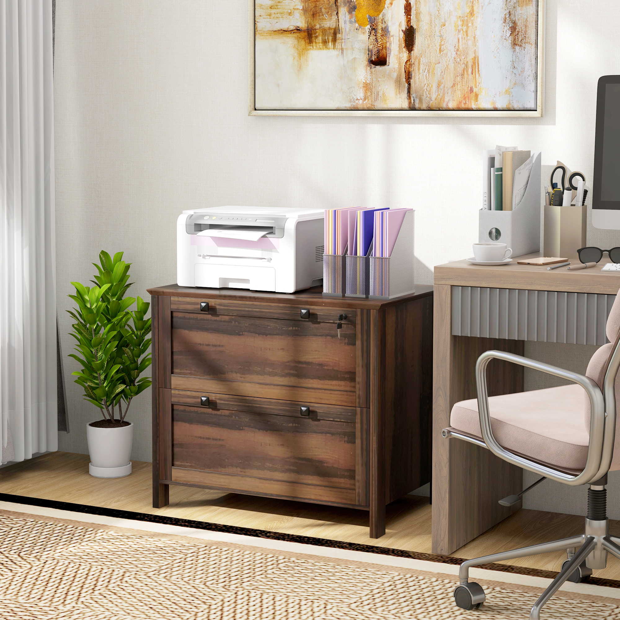 HOMCOM 2 Drawer File Cabinet, Lockable Filing Cabinet with Adjustable Hanging Bar for Letter, A4 and Legal Size, Brown Aosom Canada