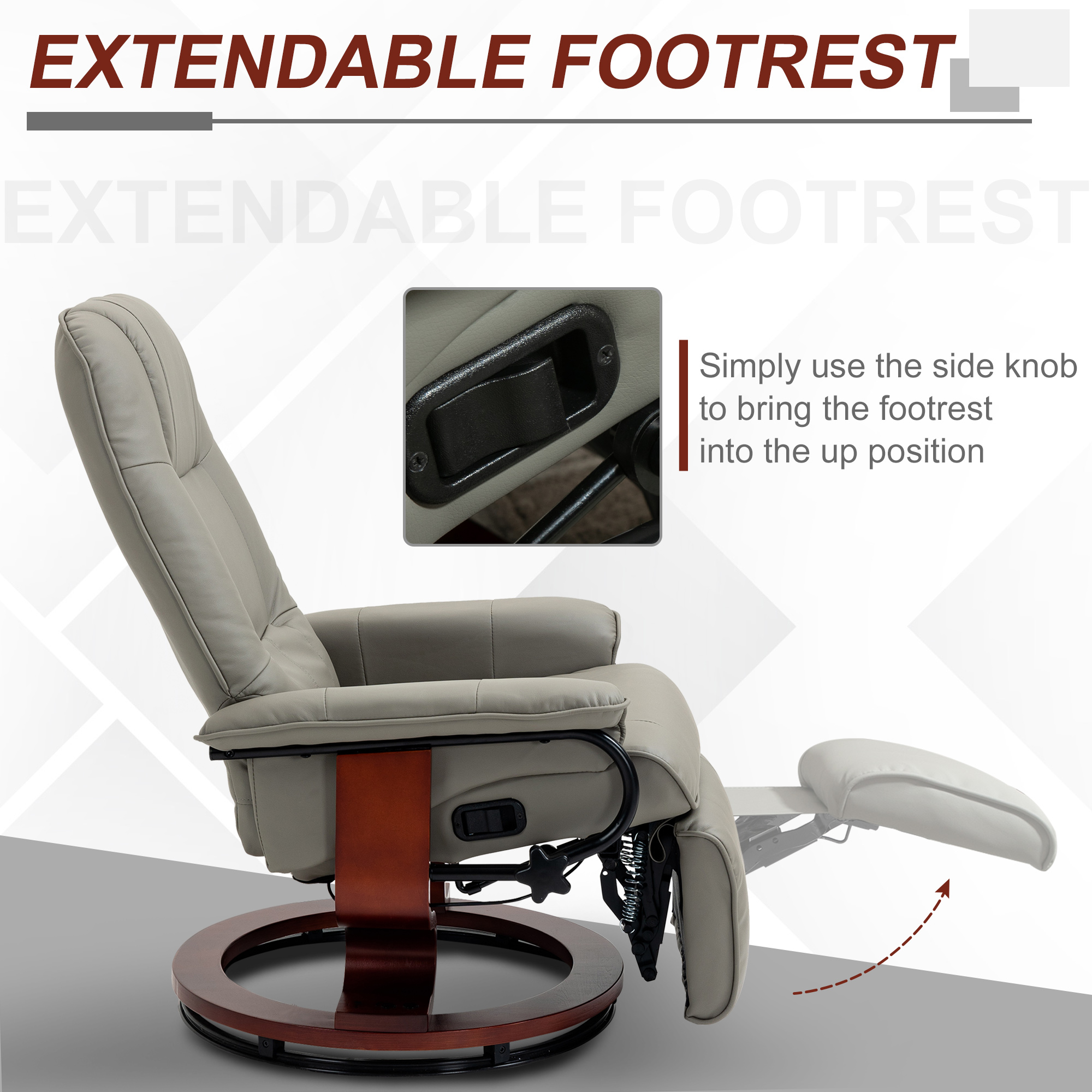 HOMCOM Adjustable Swivel Recliner Armchair, Faux Leather Manual Recliner with Footrest, Armrest and Wood Base for Living Room, Gray| Aosom.com 3